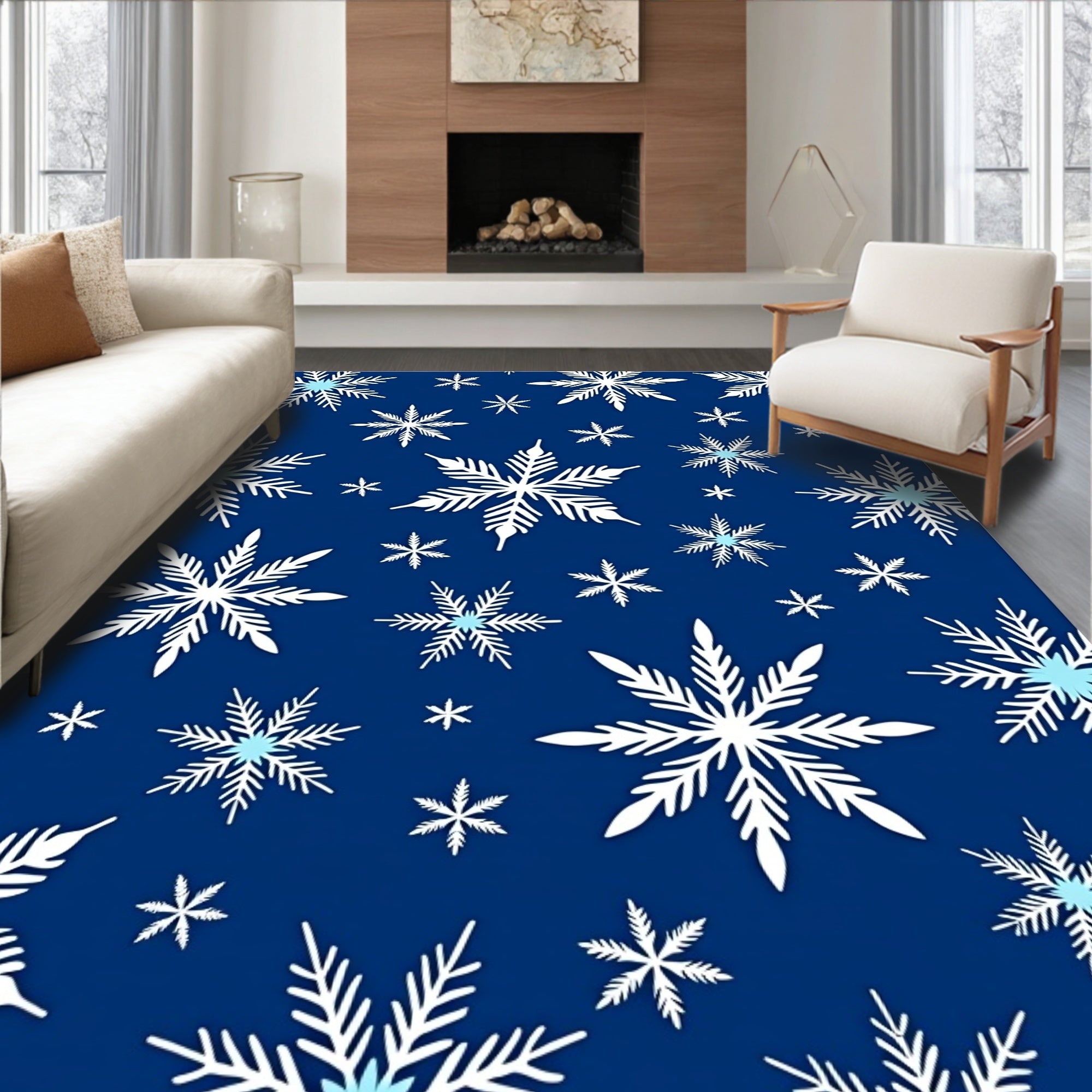 Deep Blue Snowflake Winter Art Rug