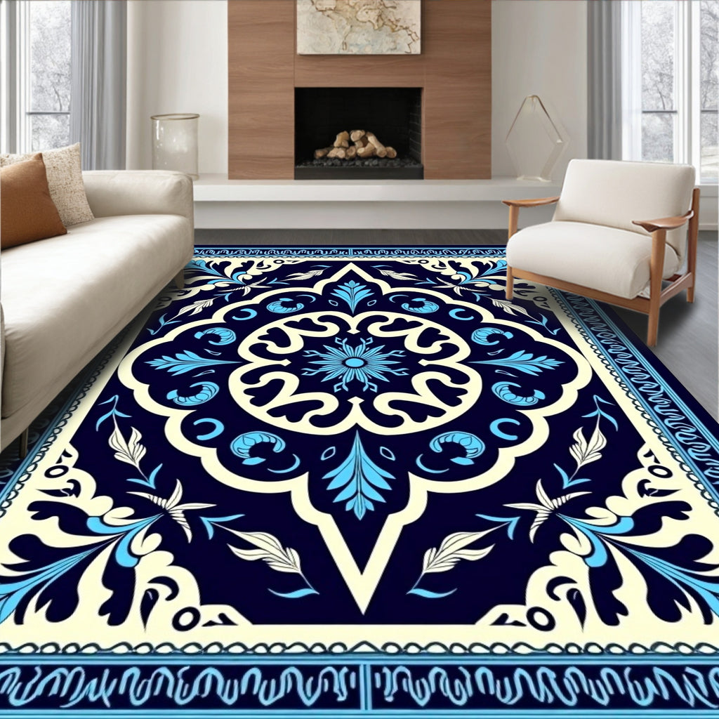 Navy Blue Traditional Floral Pattern Rug