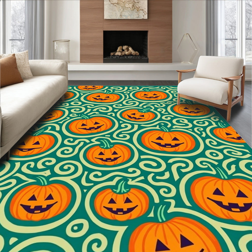 Carved Jack-o'-lantern Swirls Teal Rug