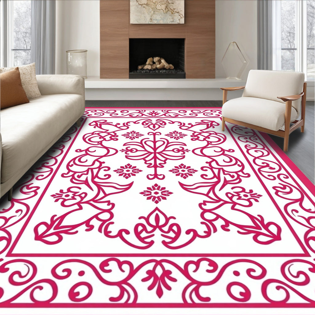 Vibrant Red Floral Scroll Pattern Design Rug