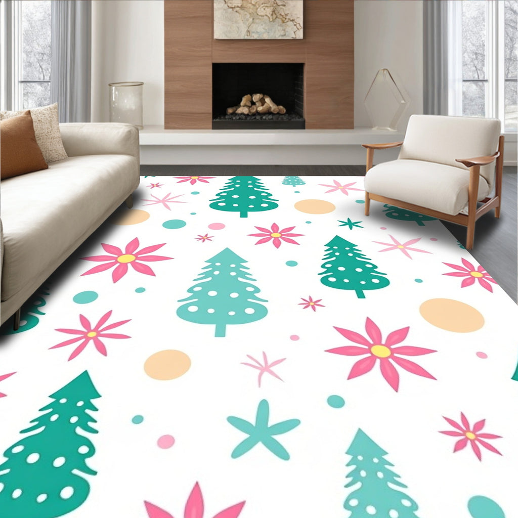 Whimsical Teal Christmas Tree Floral Clusters Rug