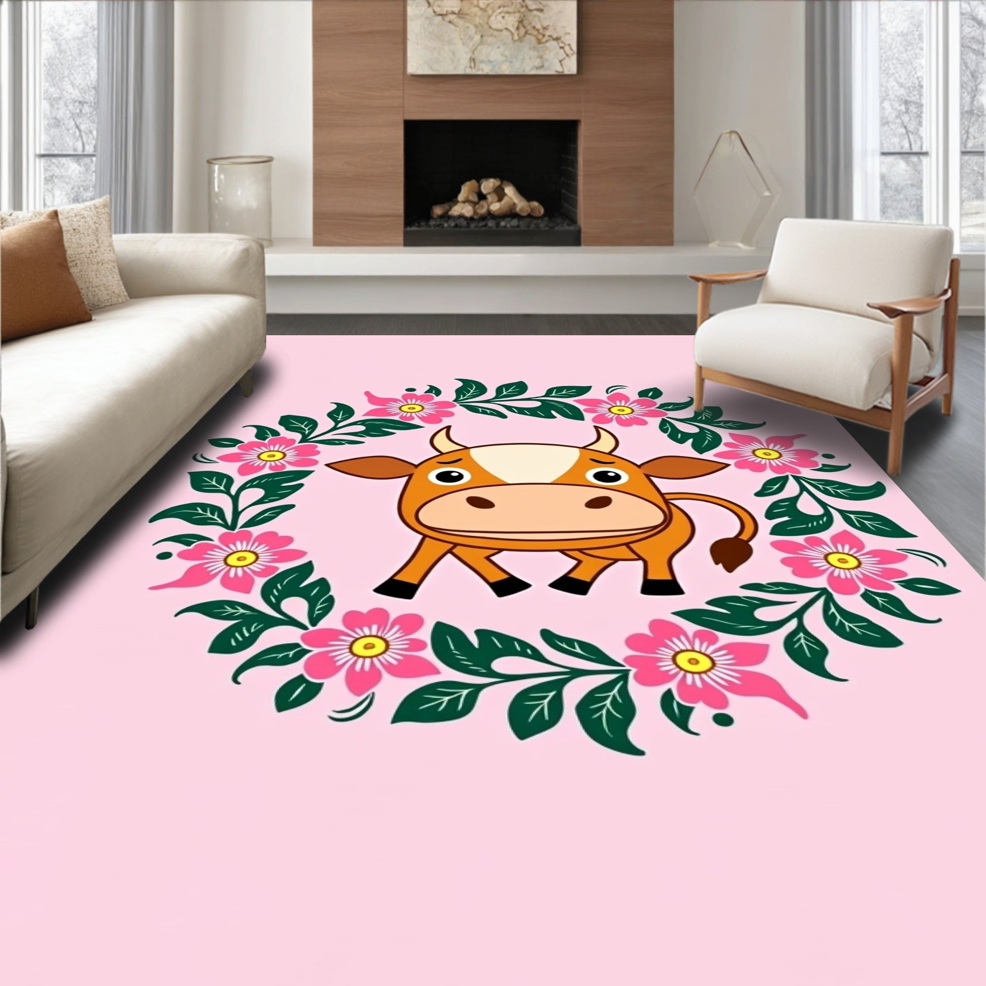 Cute Orange Cow Pink Floral Wreath Rug