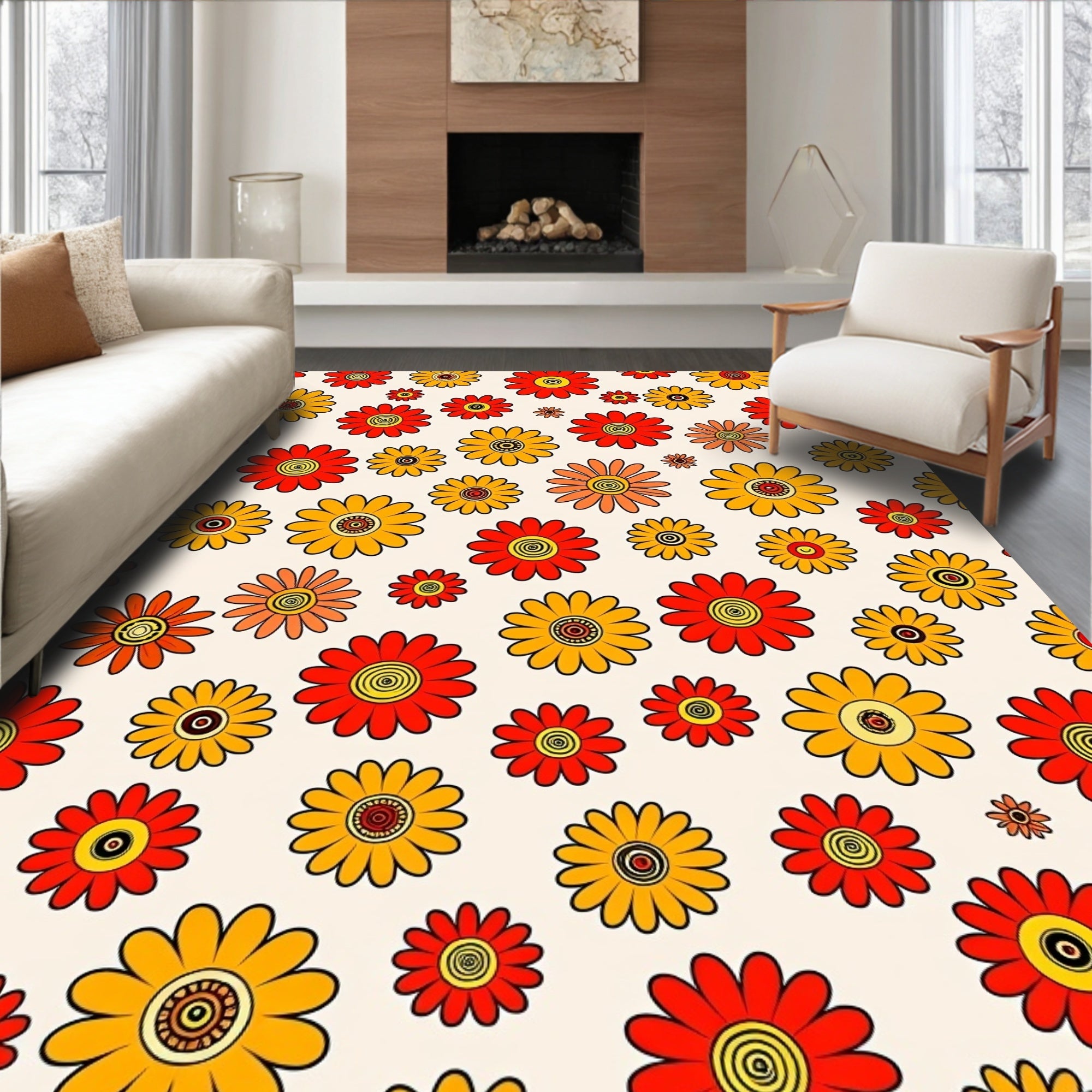 Retro Floral Pattern Red Yellow Rug