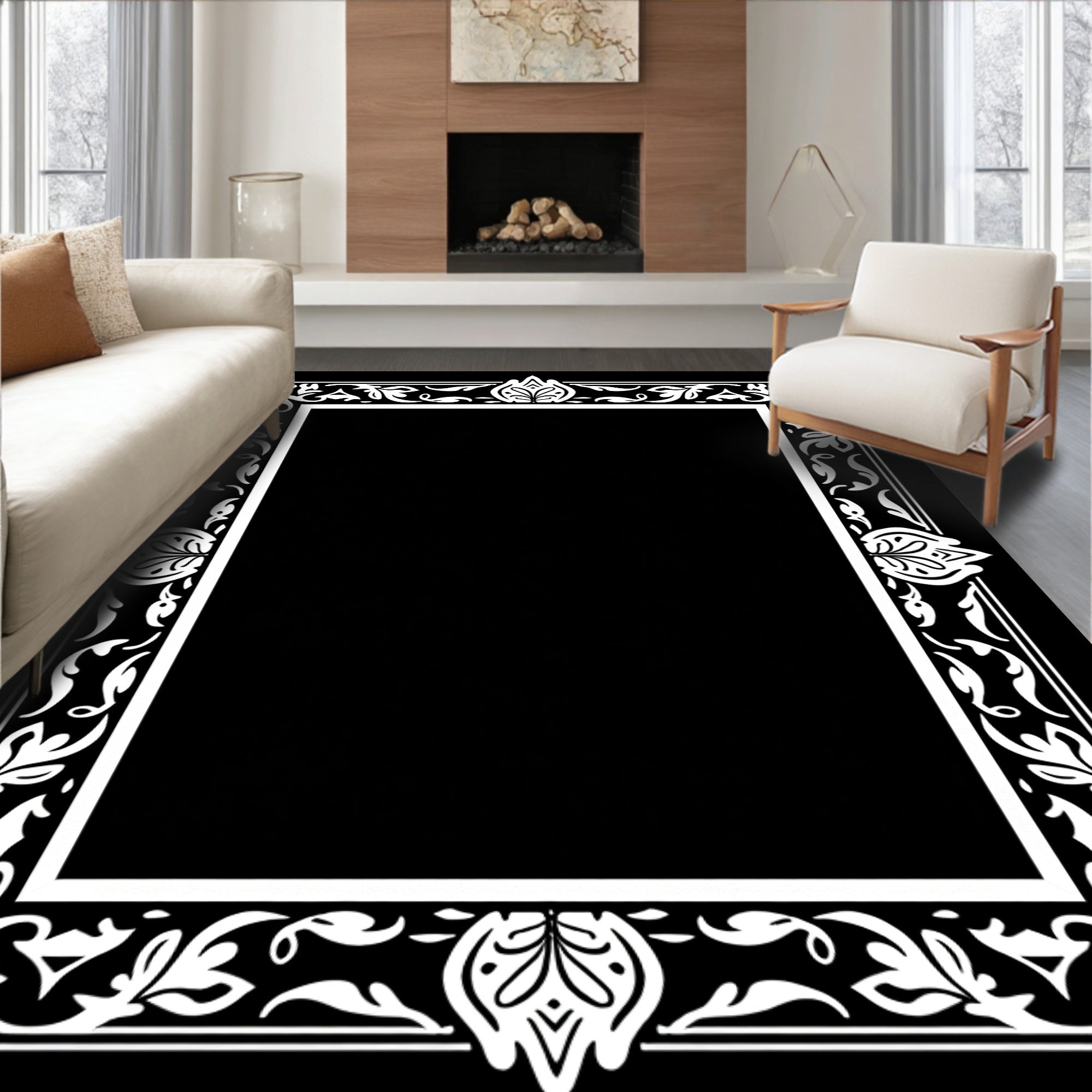 White Floral Scroll Border Frame Rug