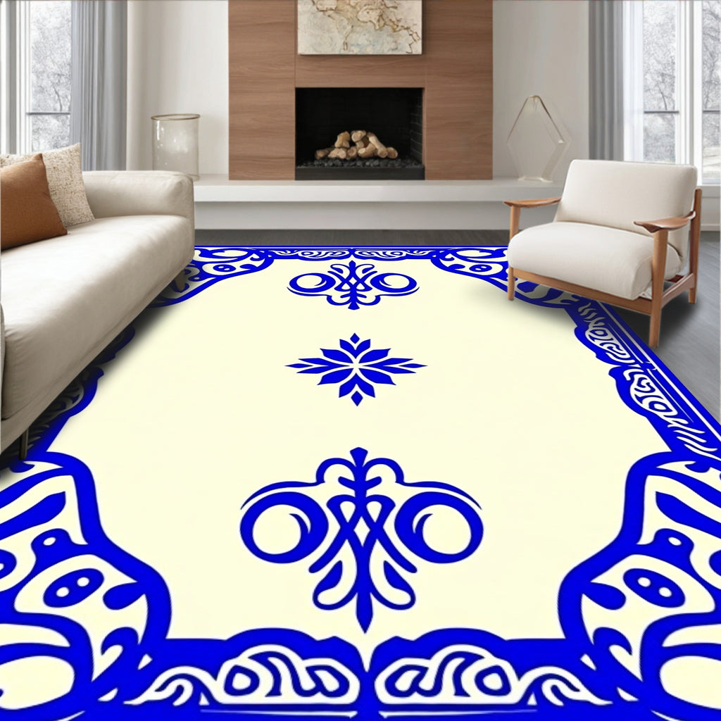 Ornate Blue Scrollwork Ivory Rug