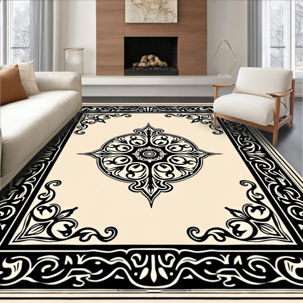 Vintage Style Black Floral Design Rug