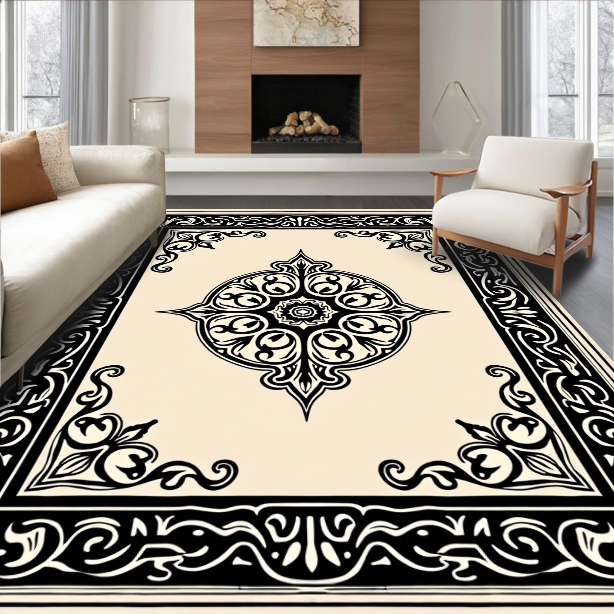 Vintage Style Black Floral Design Rug