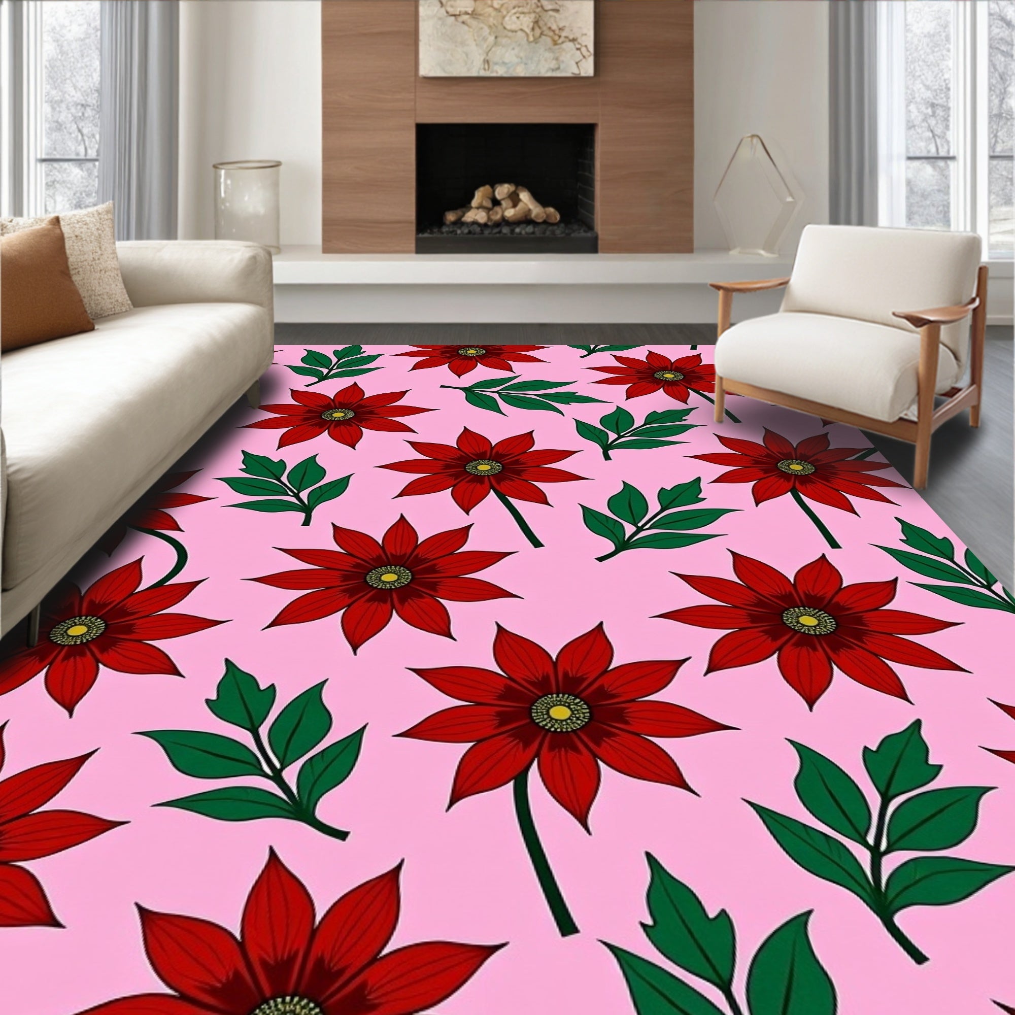 Bold Red Floral Garden Pink Rug
