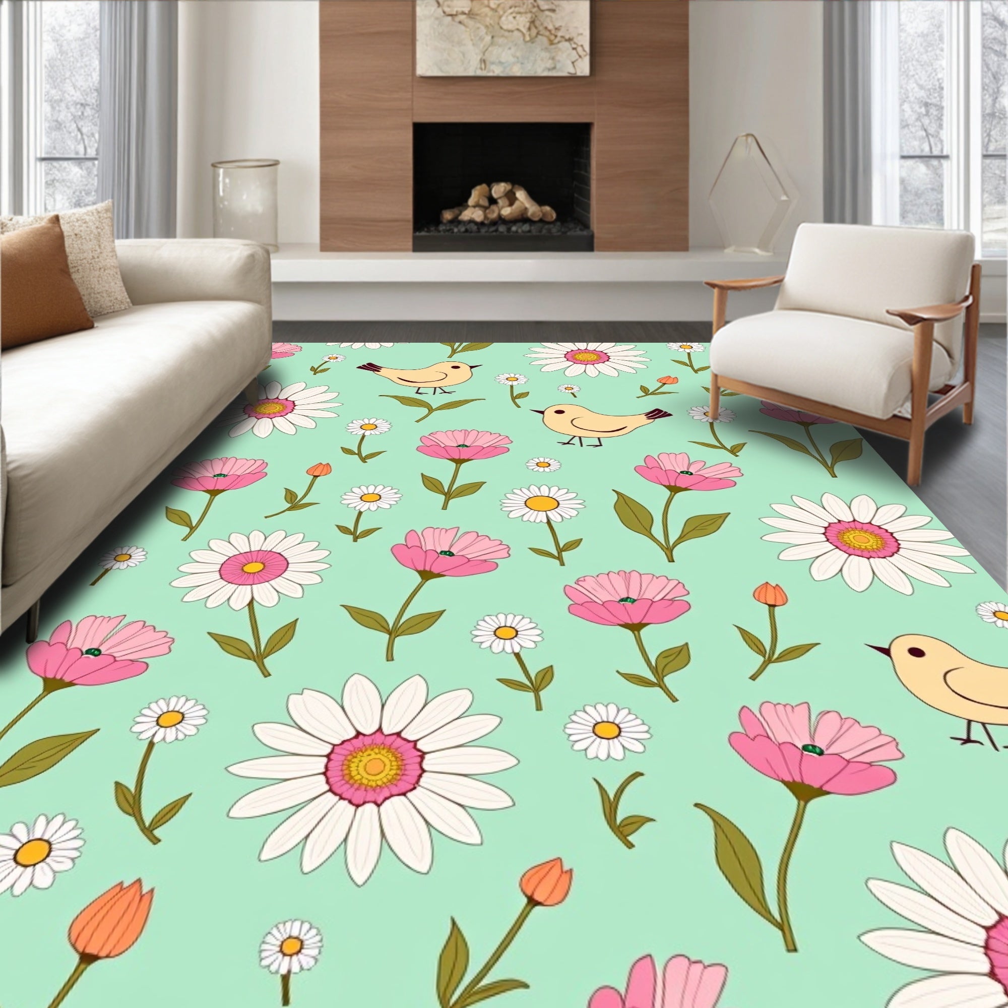 Charming Birds and Daisy Garden Pattern Rug