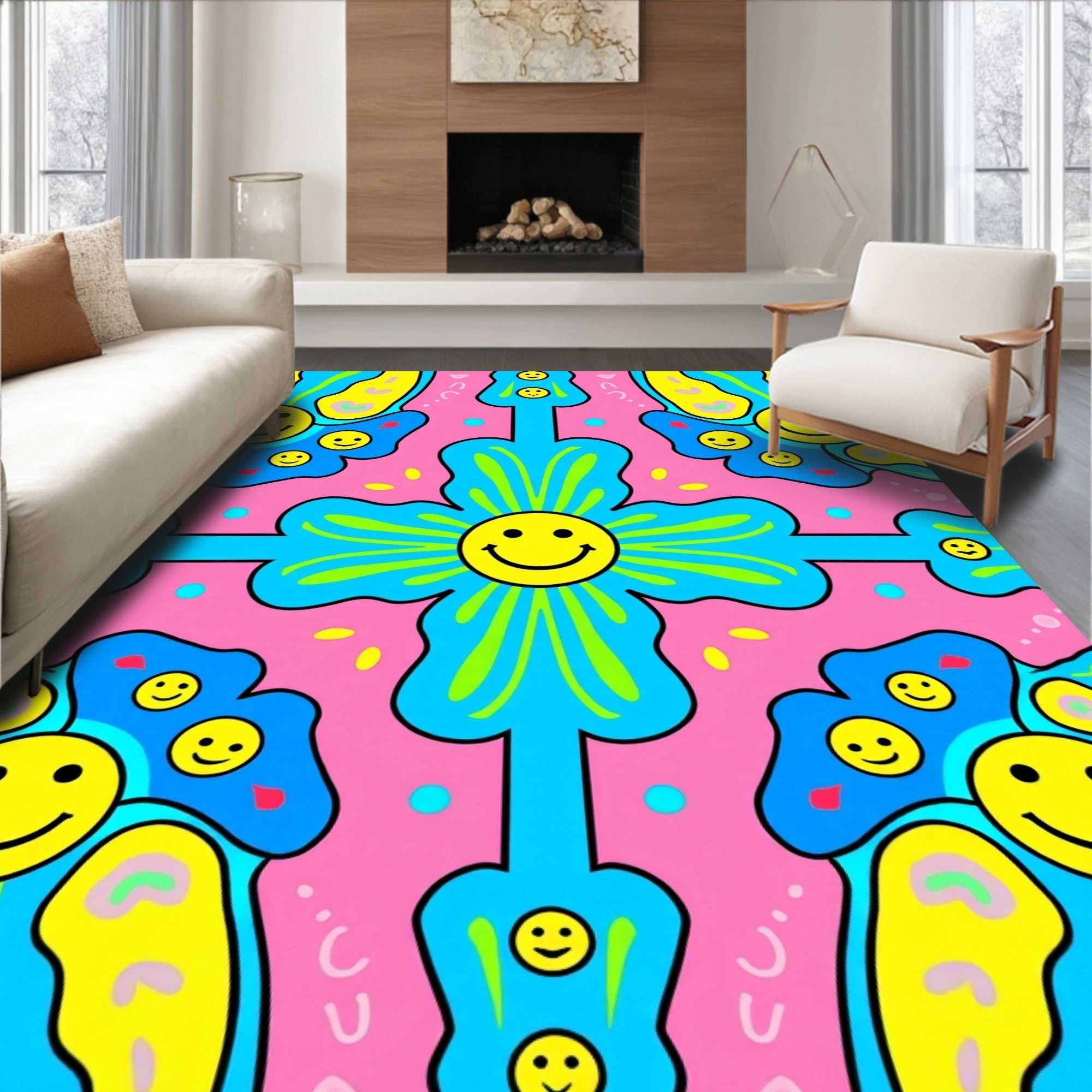 Groovy Smiley Flower Pattern Rug