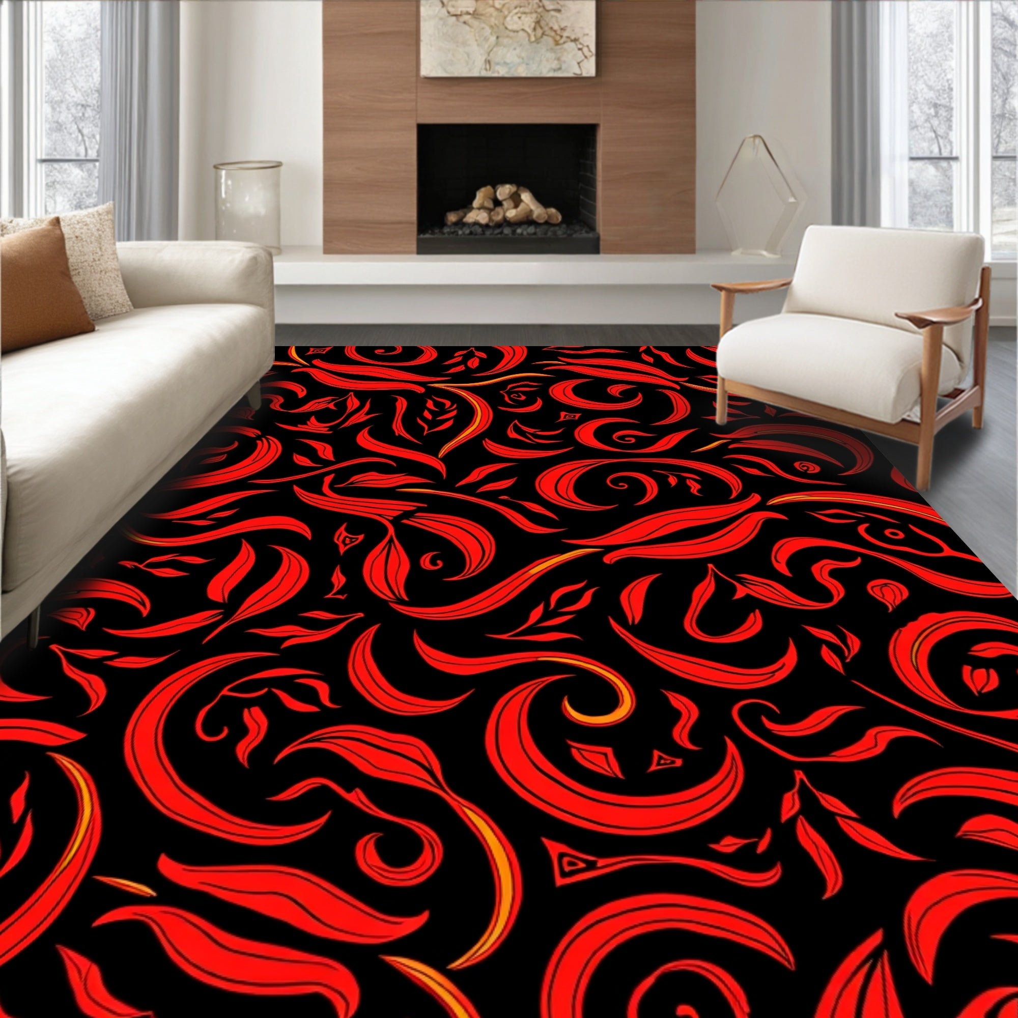 Red Swirl Leaf Pattern Rug