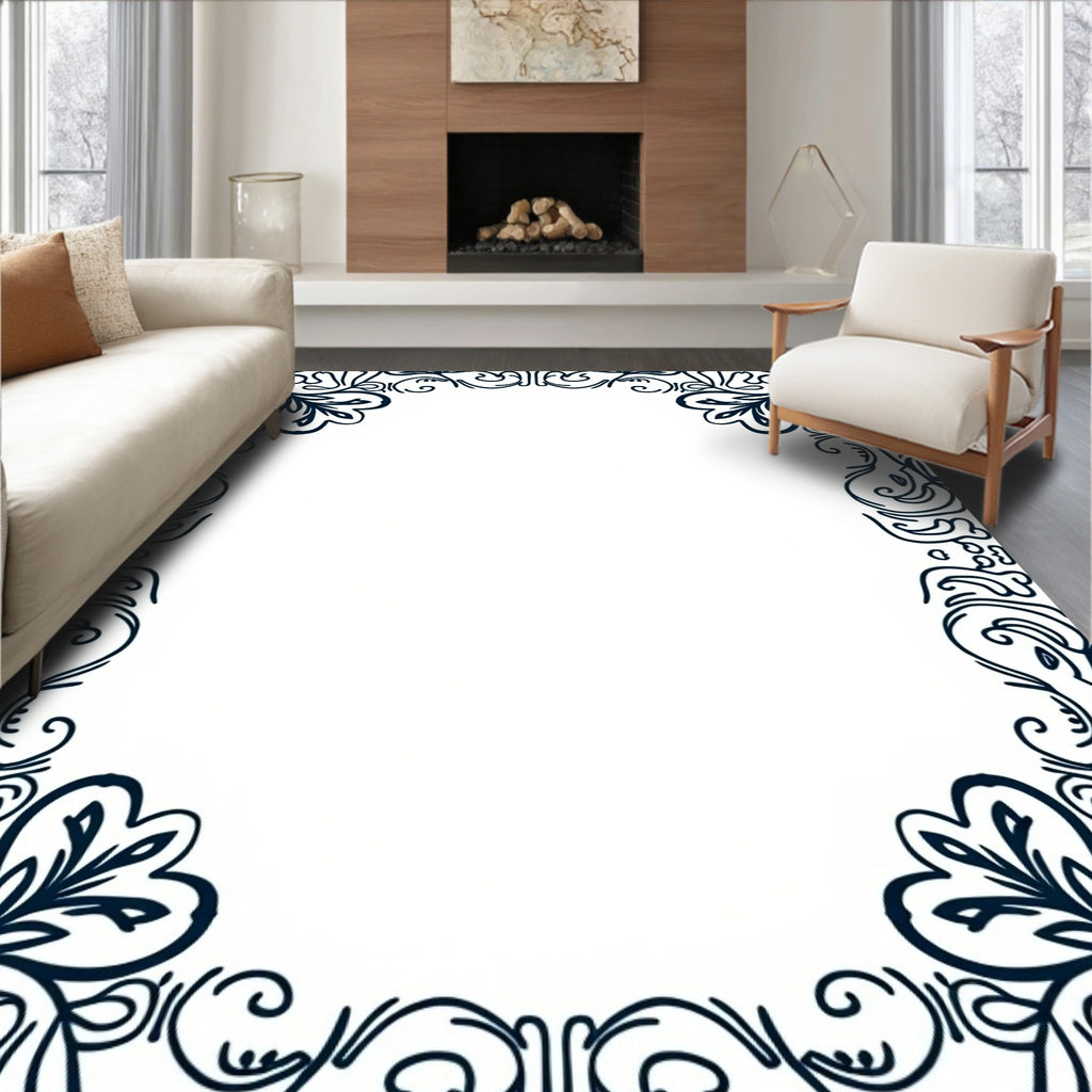 Elegant Outline Floral Border Design Rug