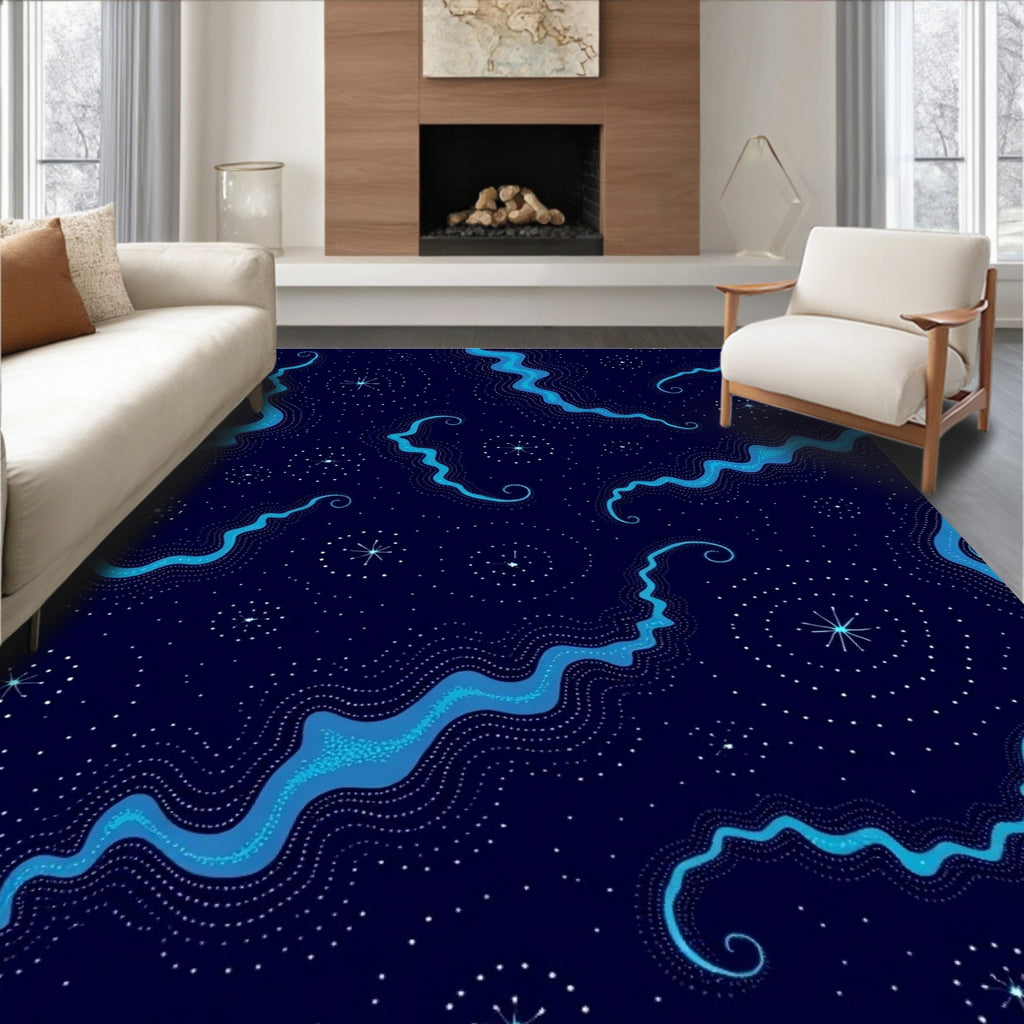 Abstract Blue Wavy Starlight Pattern Rug