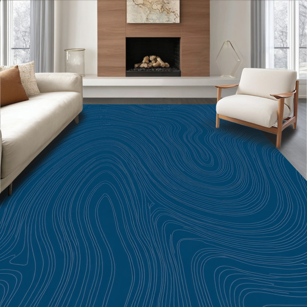 Deep Blue Contour Lines Pattern Rug