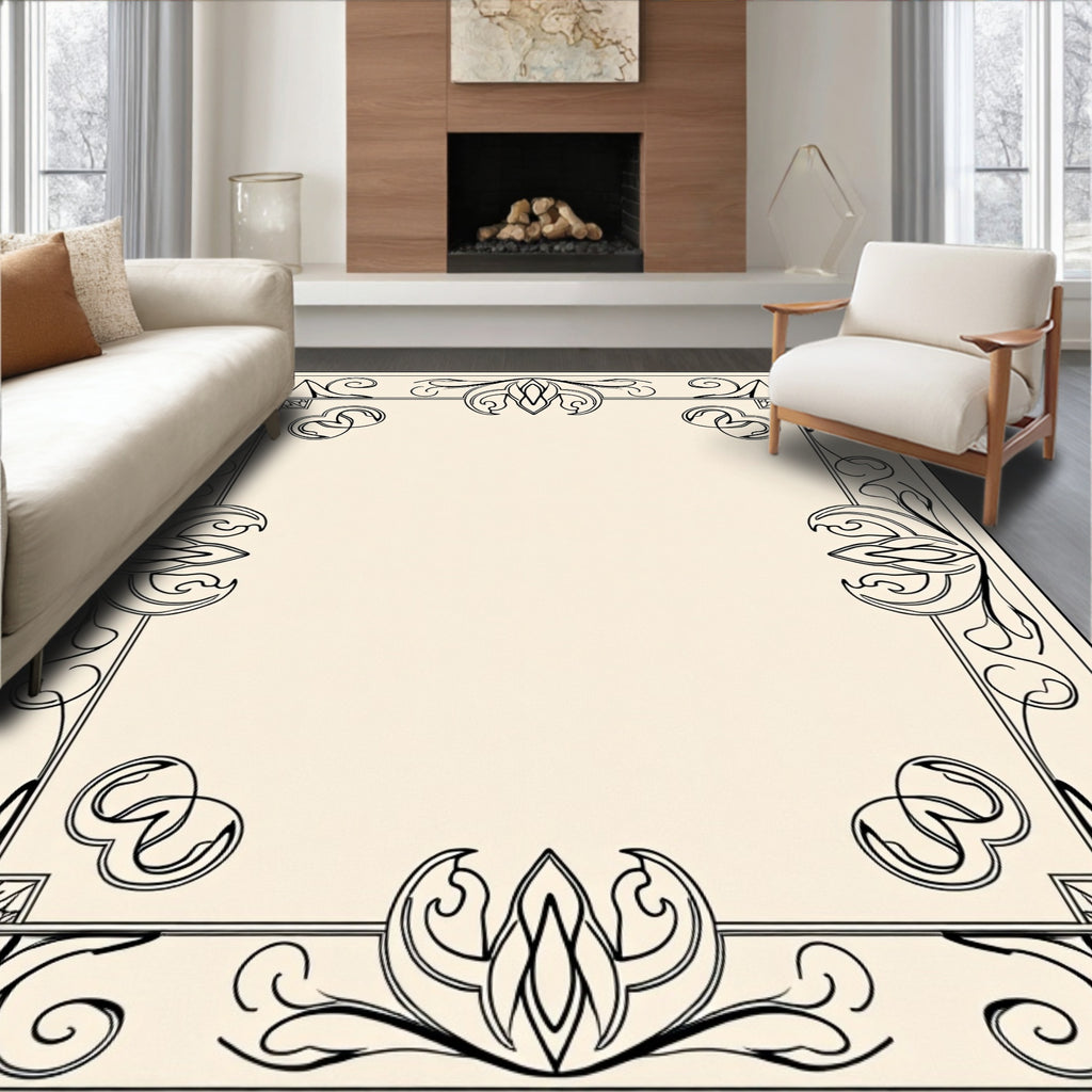 Elegant Black Swirling Floral Frame Rug