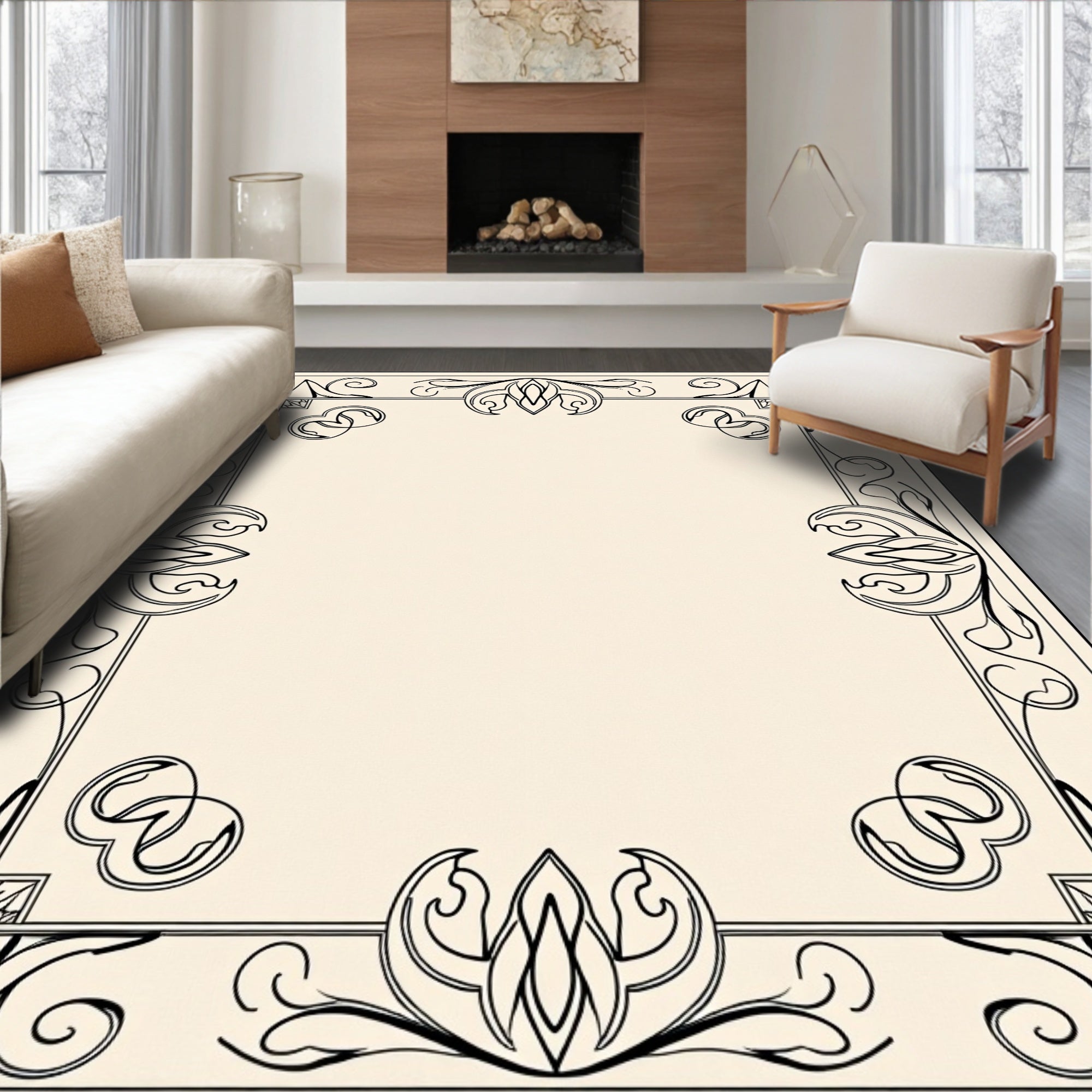 Elegant Black Swirling Floral Frame Rug