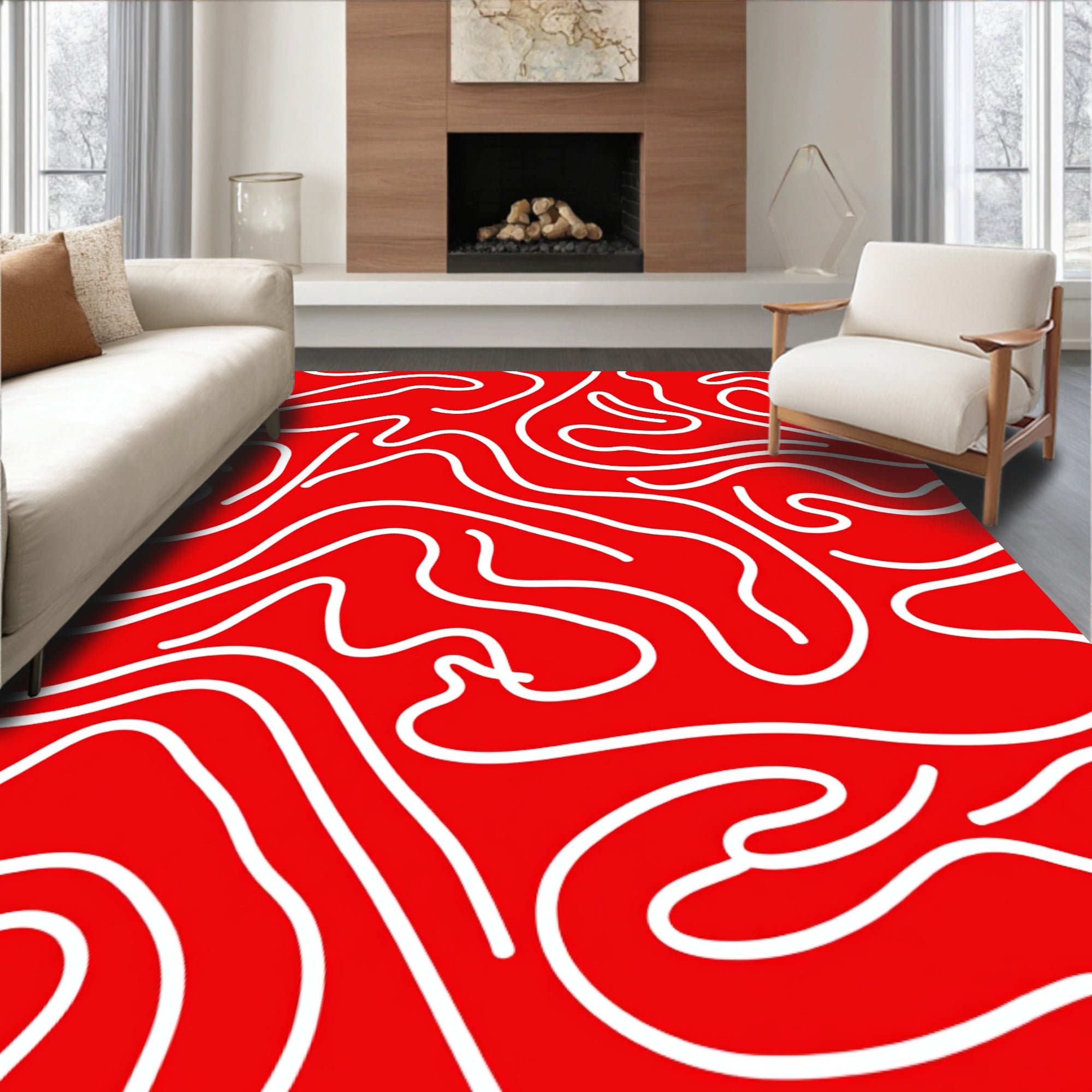 Bold Red Organic Flow Design Rug