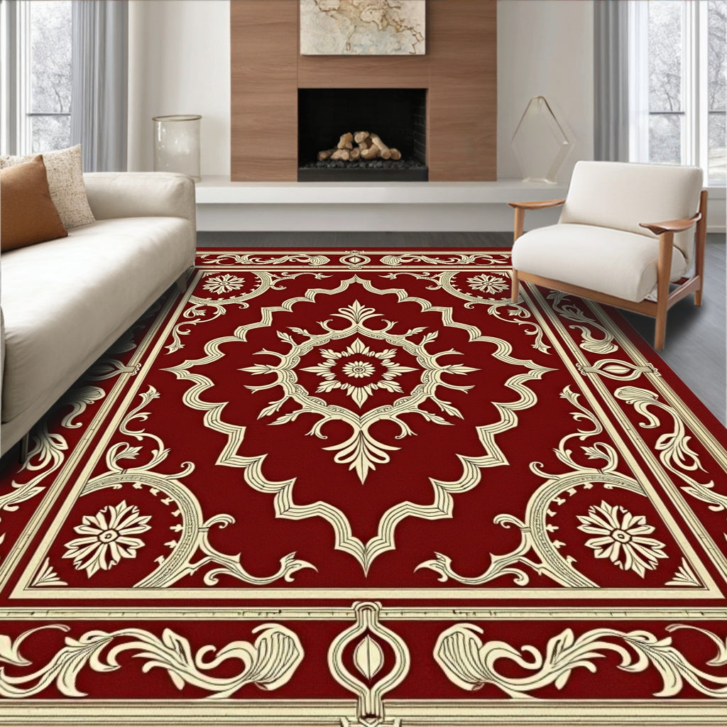 Crimson Floral Medallion Frame Rug