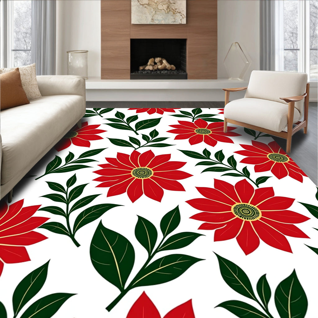 Bold Red Floral Leaf Arrangement Rug