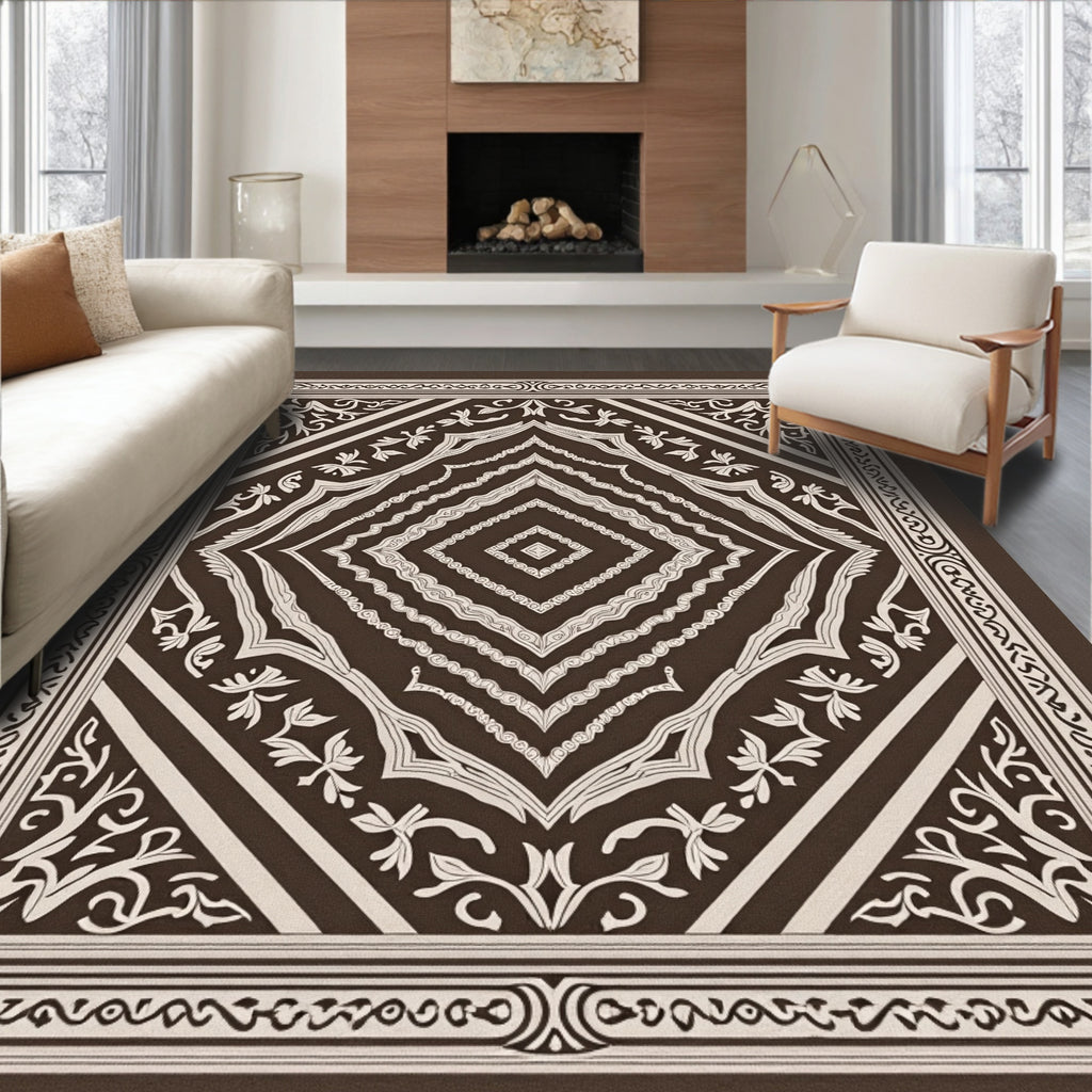 Classic Brown Cream Diamond Floral Rug