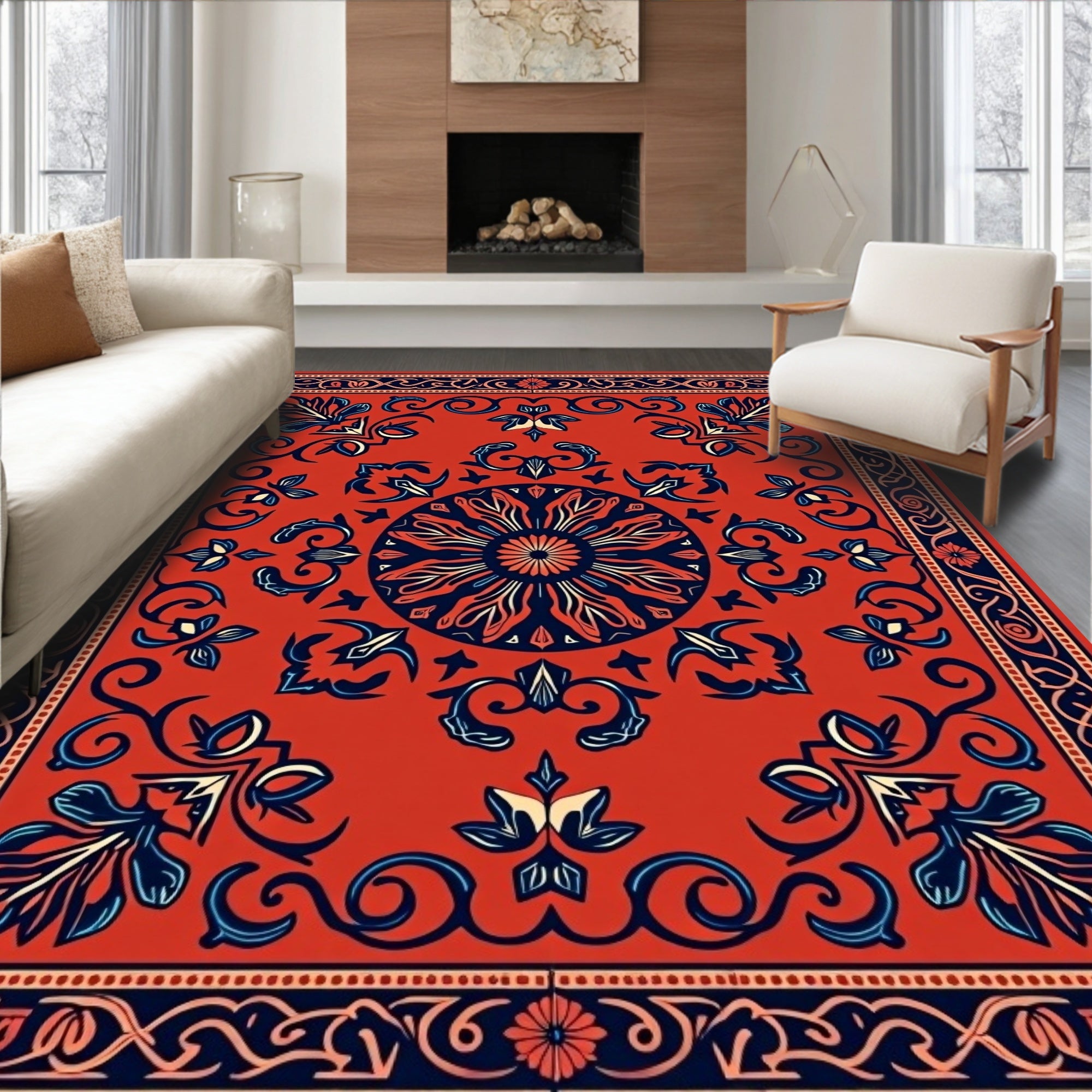 Ornate Floral Scrollwork Red Rug