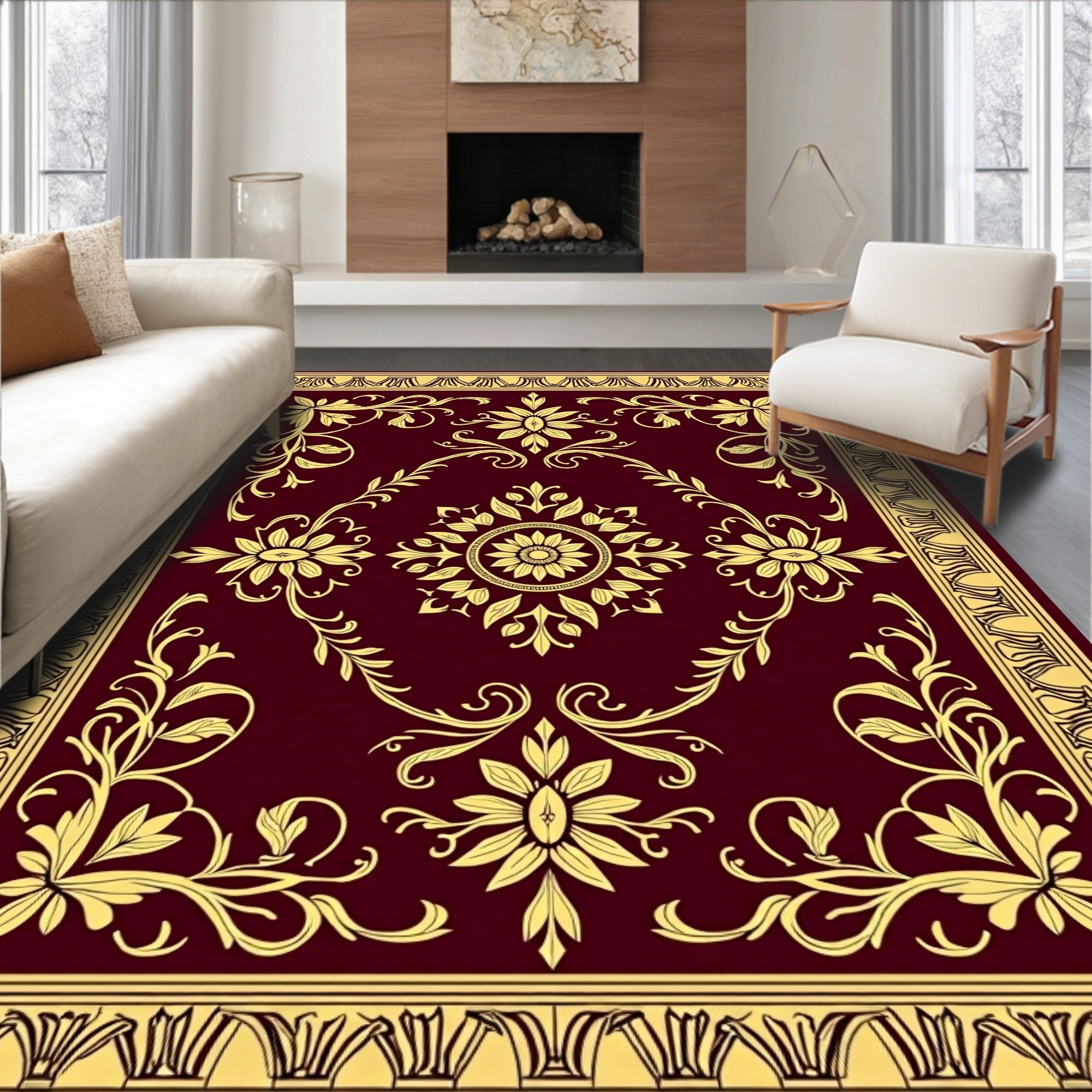 Elegant Floral Patterned Burgundy Rug