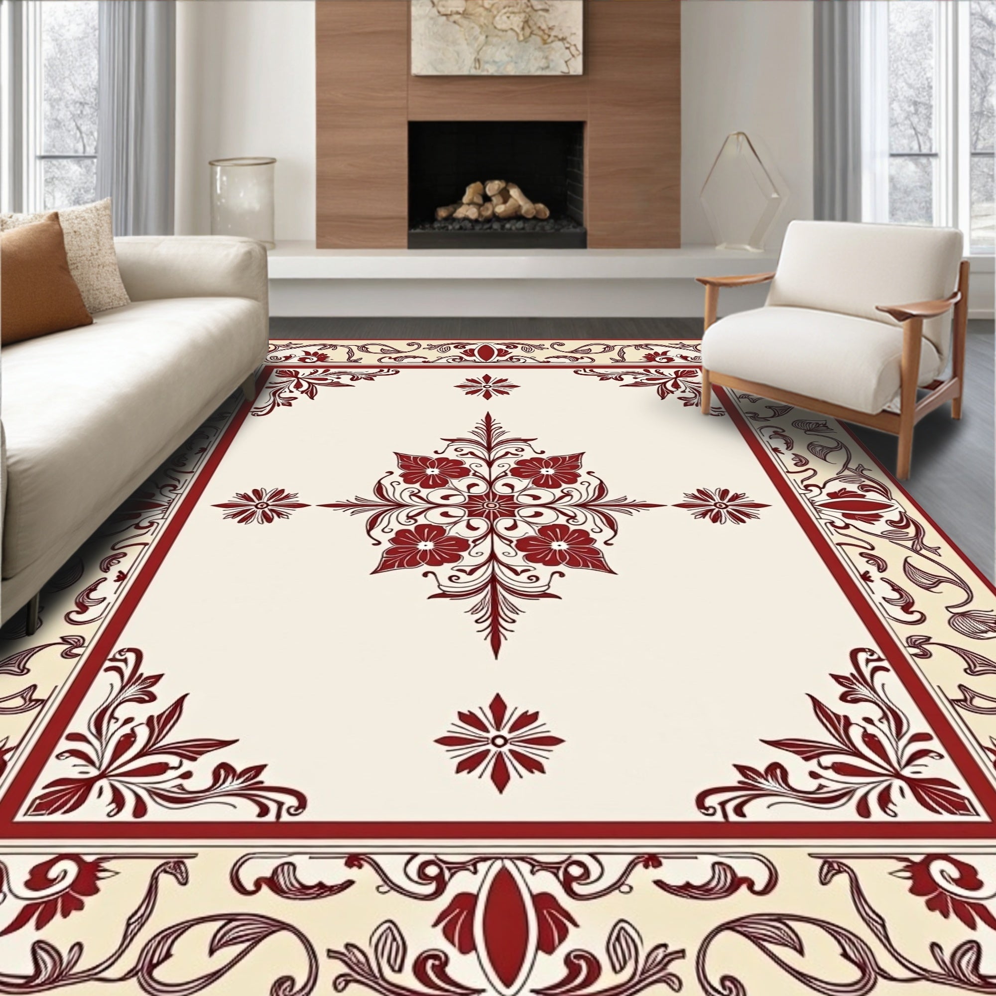 Elegant Red Cream Floral Border Rug