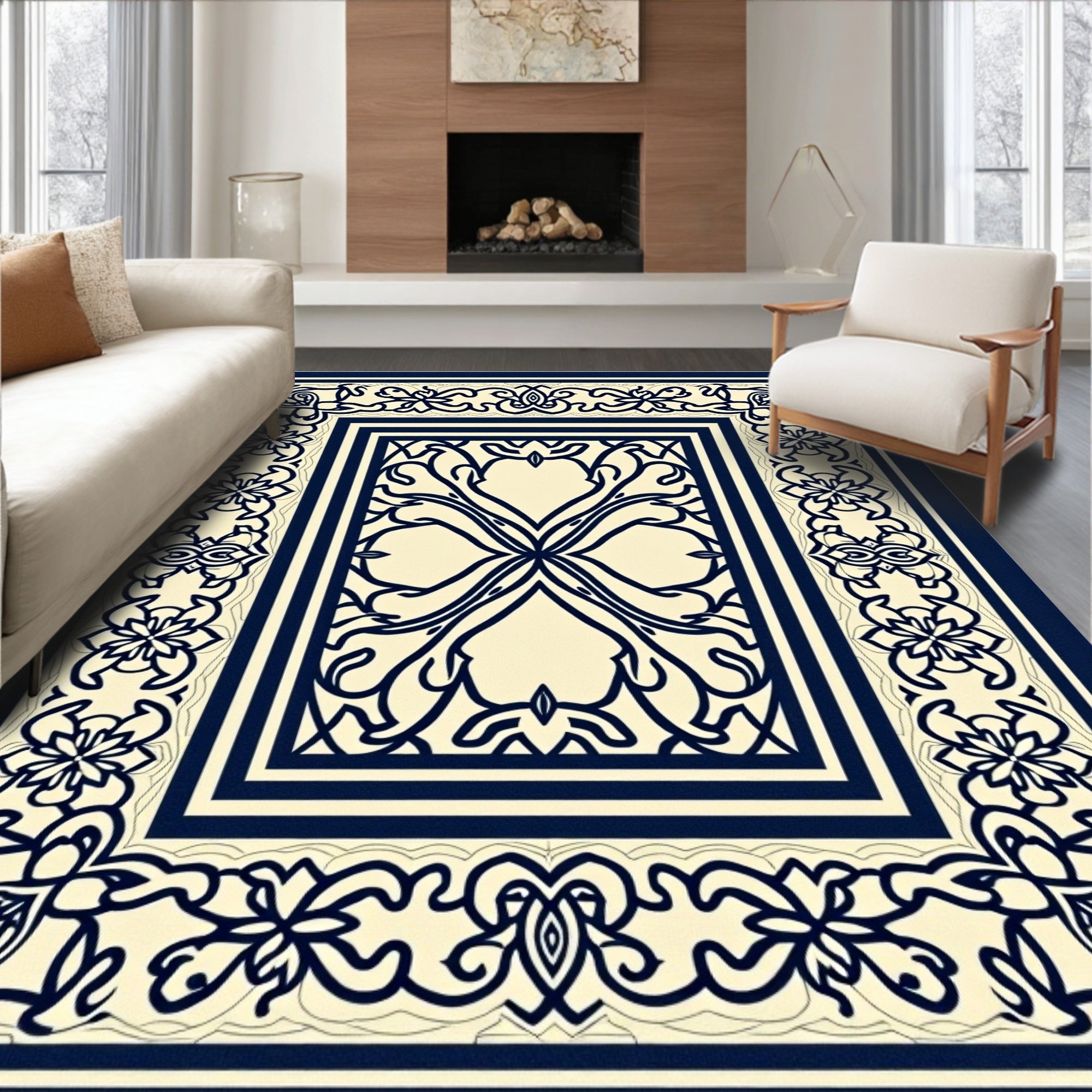 Ornate Floral Bordered Ivory Rug