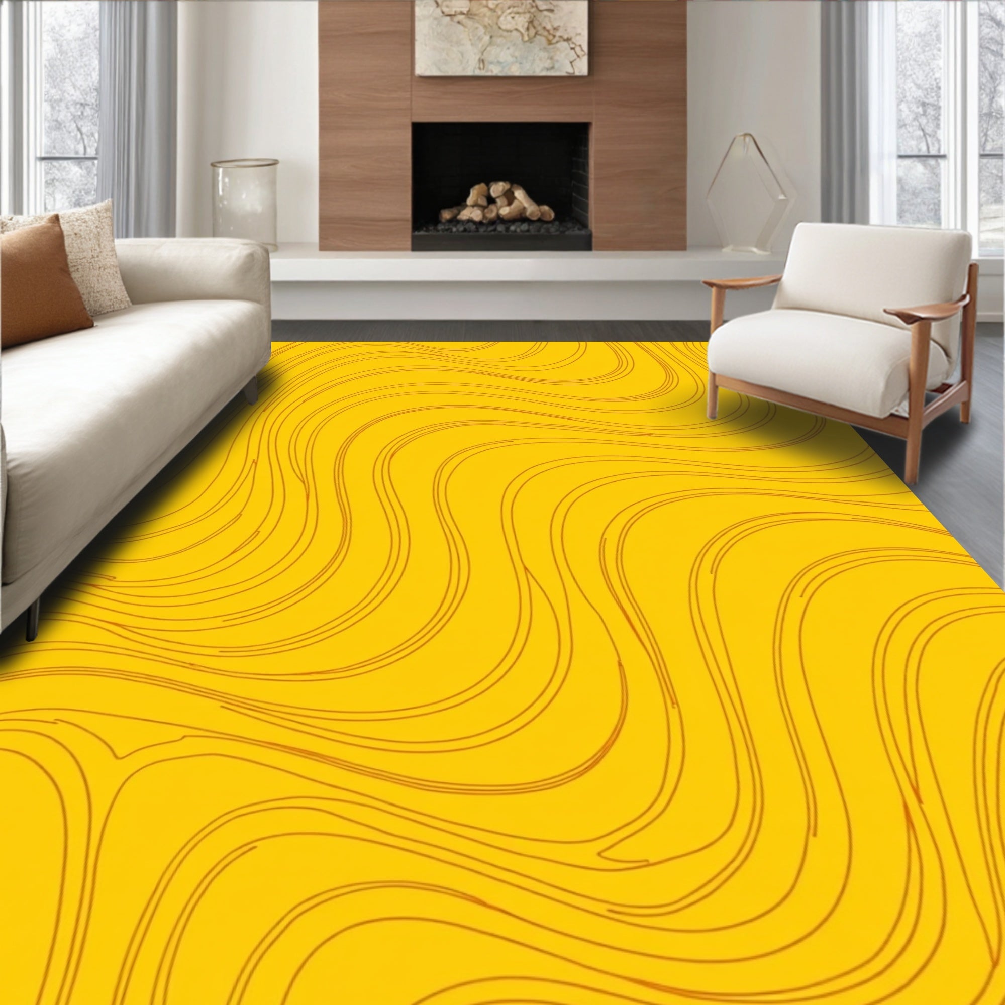Golden Yellow Wavy Line Pattern Rug