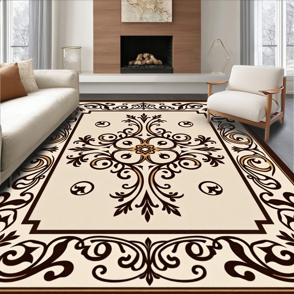 Classic Scrollwork Brown Cream Design Rug