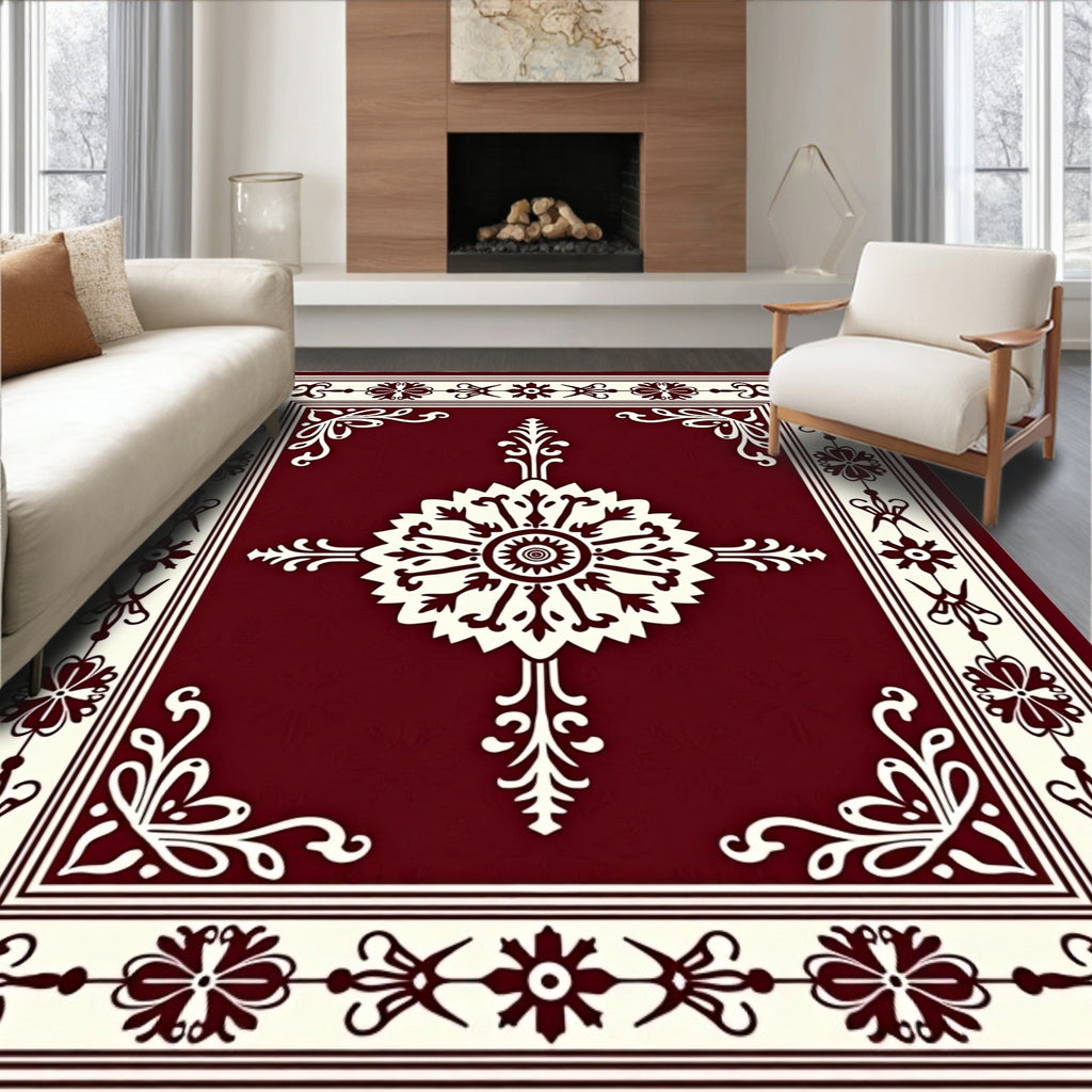 Ornate Cream Crimson Floral Medallion Rug