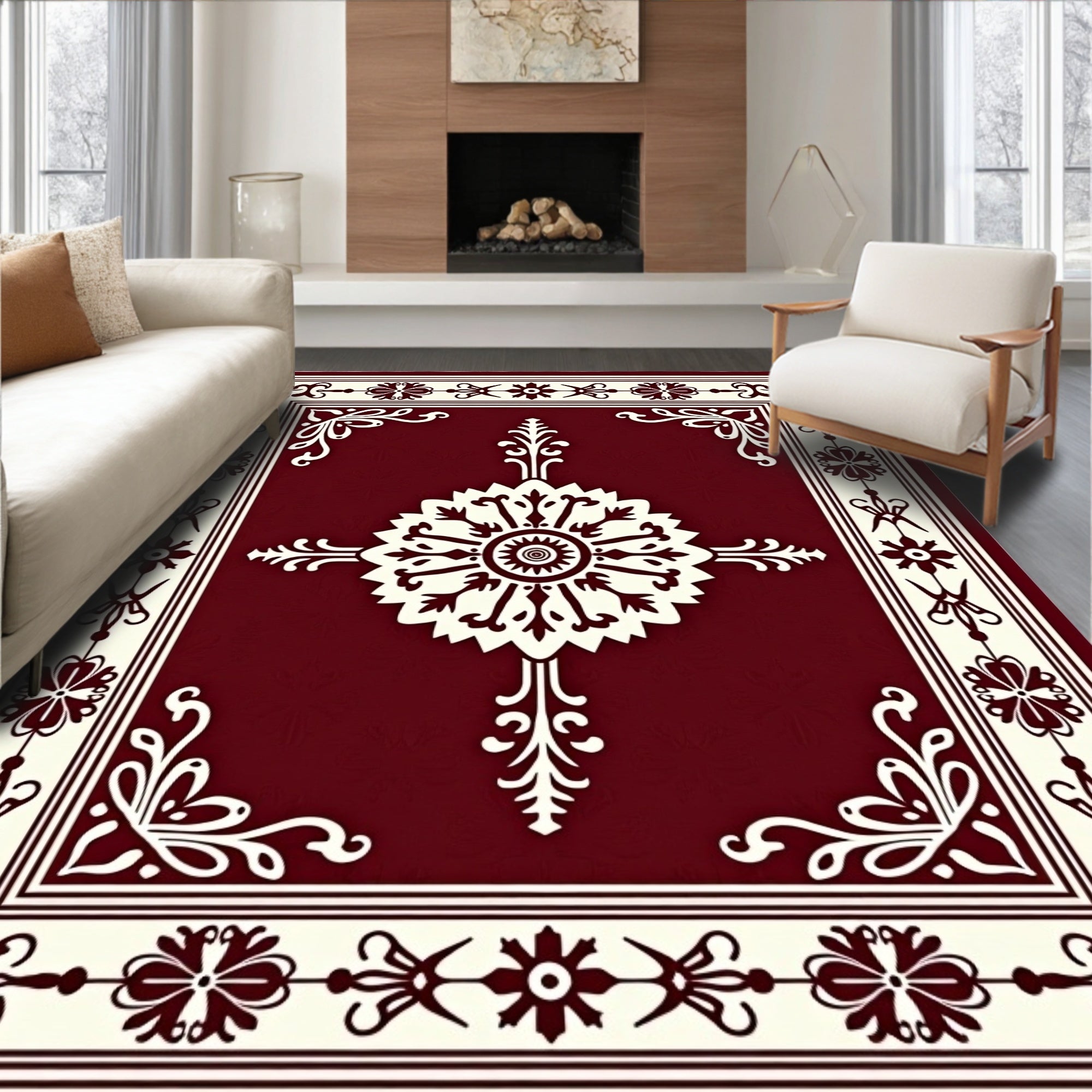 Ornate Cream Crimson Floral Medallion Rug