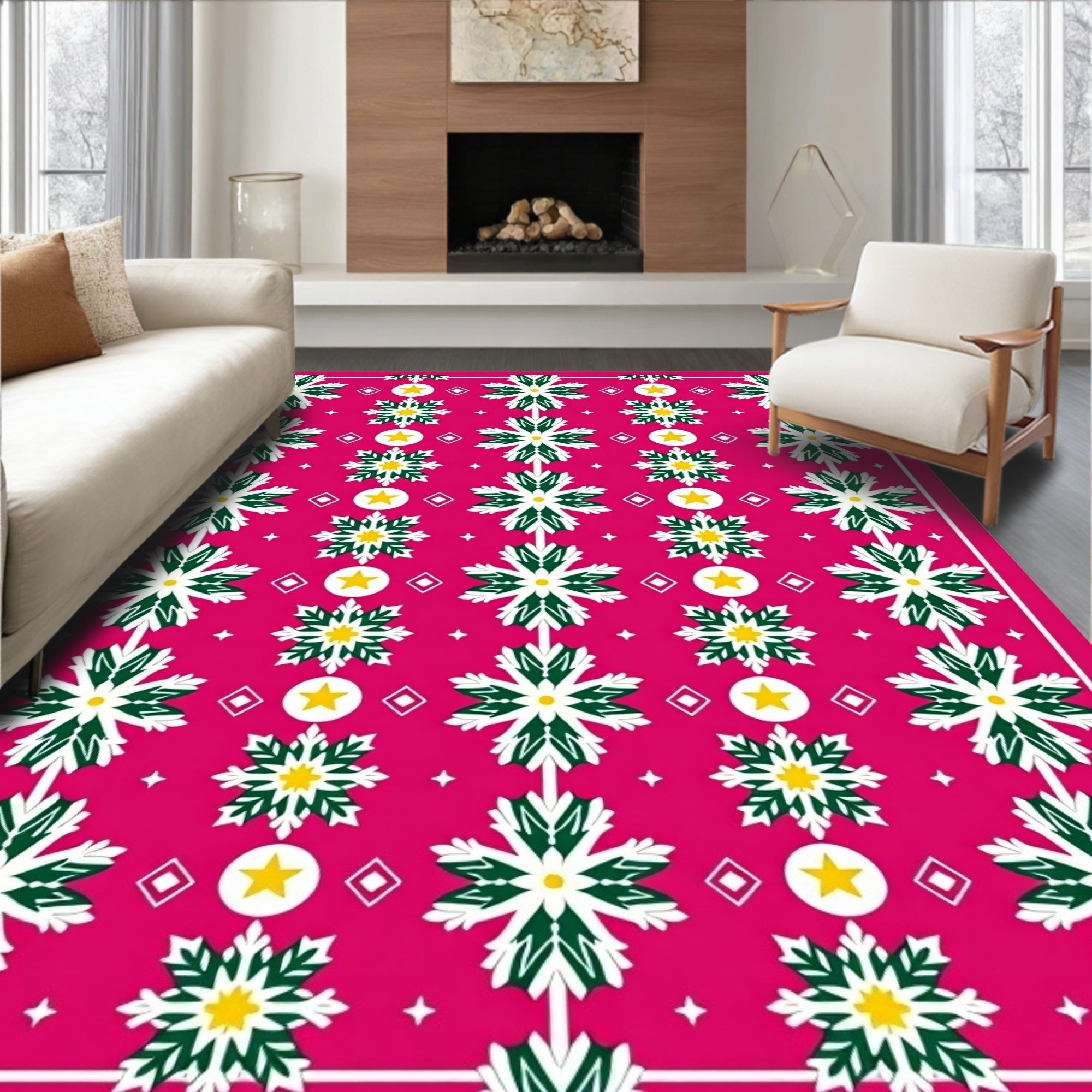 Pink White Green Starburst Snowflake Carousel Rug