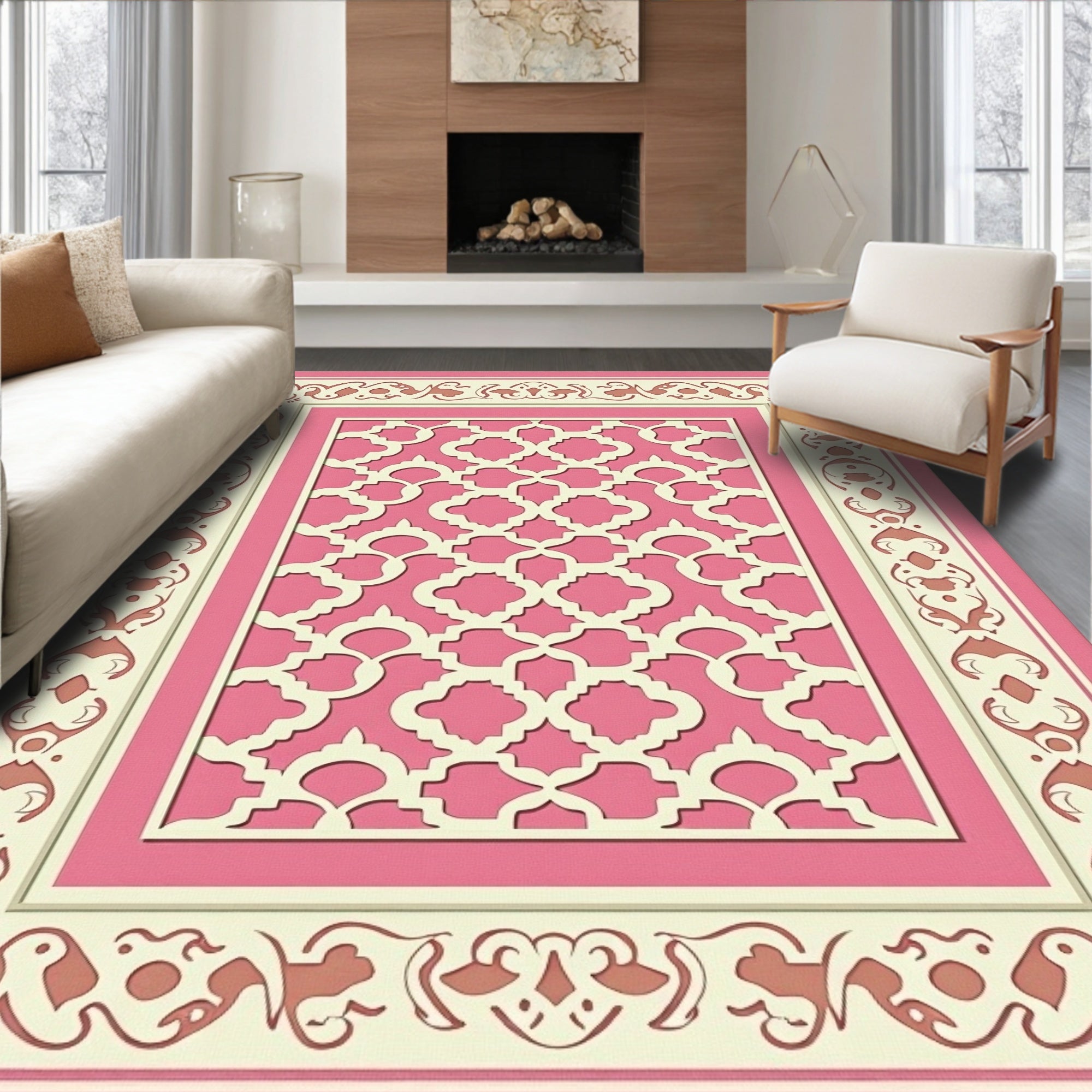 Pink Lattice Scrollwork Decorative Rug