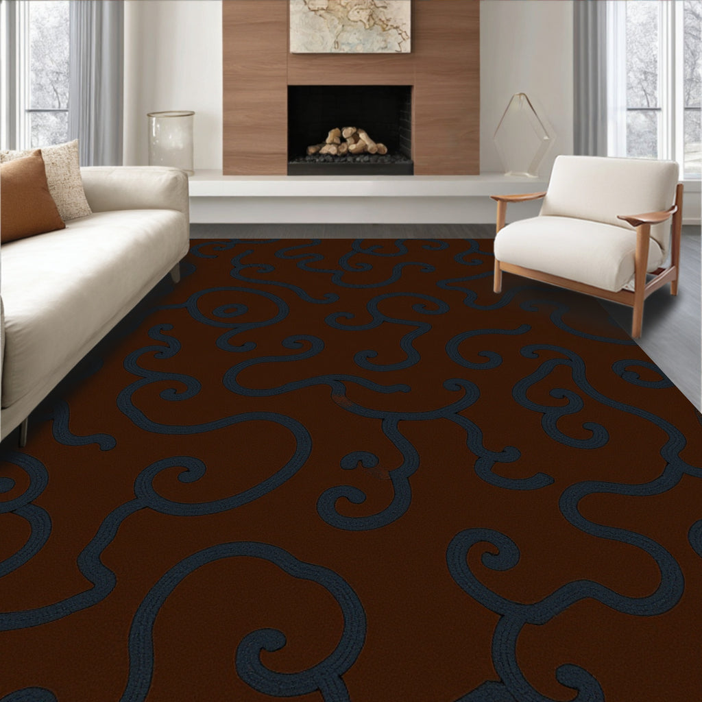 Swirling Vine Patterned Warm Brown Rug