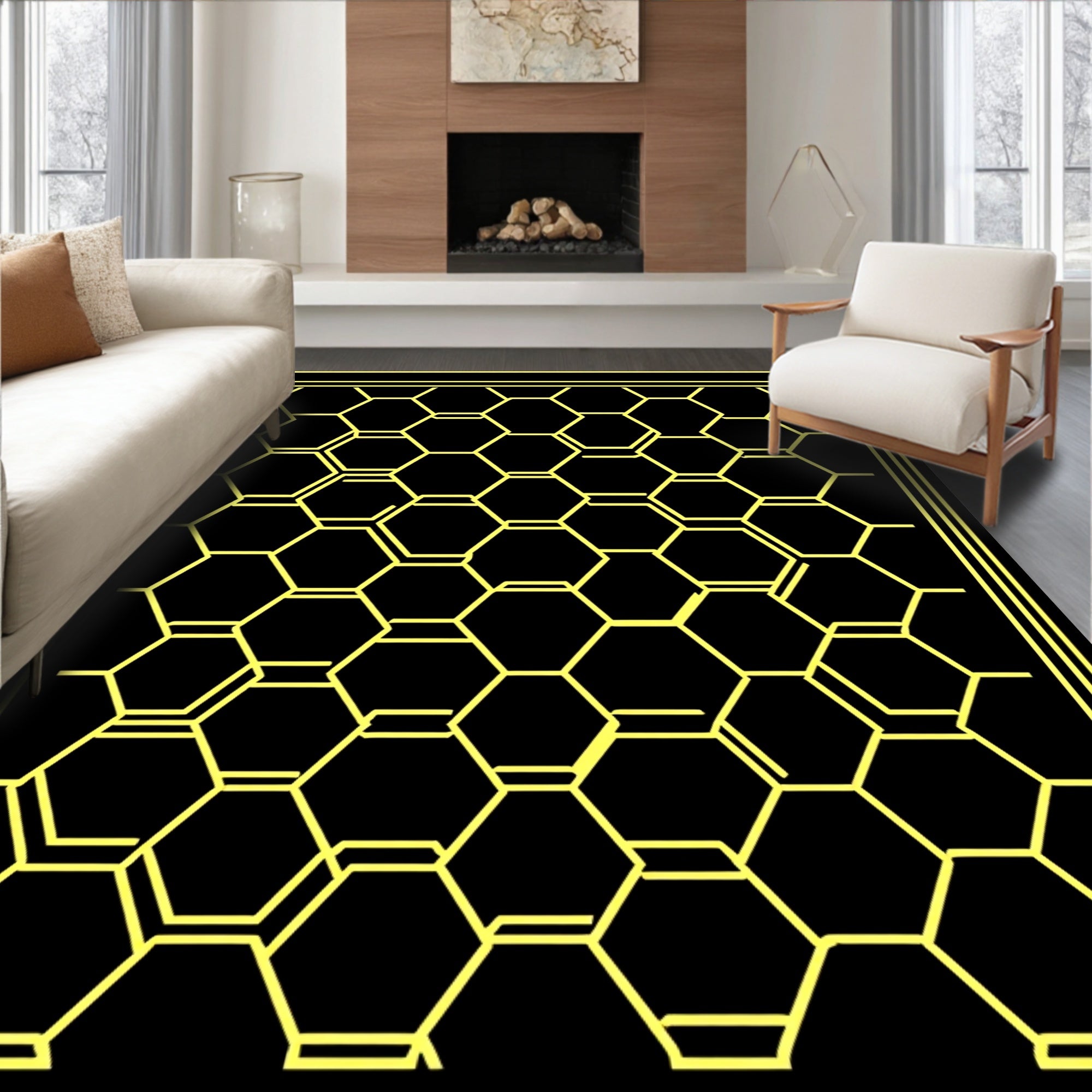 Modern Yellow Hexagon Geometric Pattern Rug