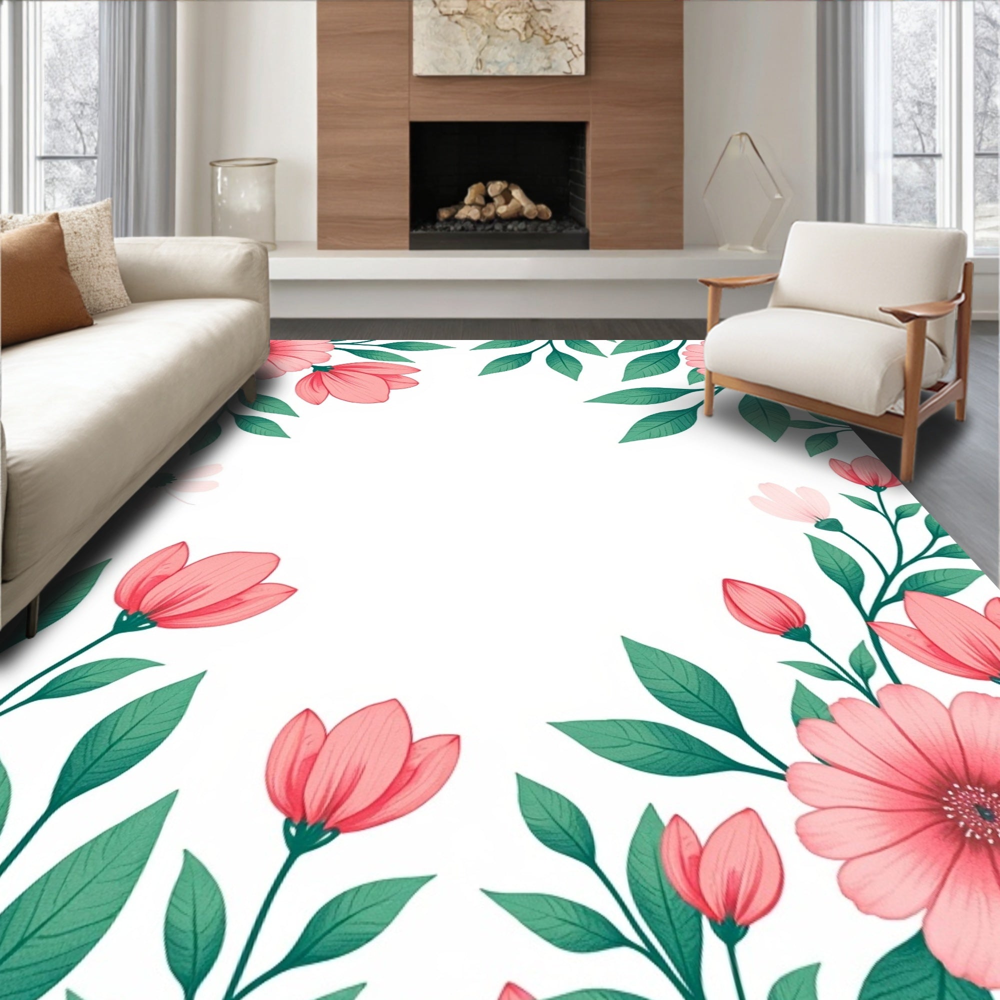 Coral Floral Botanical Pattern Rug