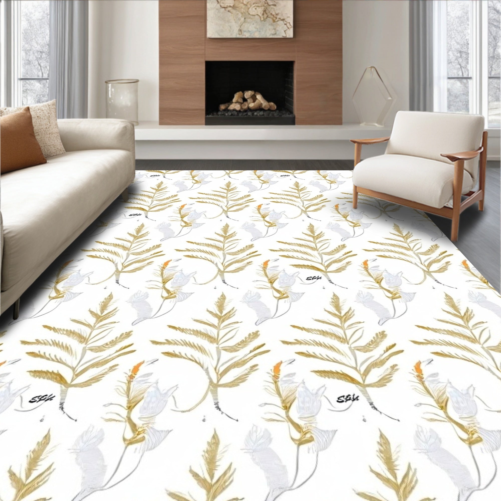 Golden Fern Botanical Watercolor Rug