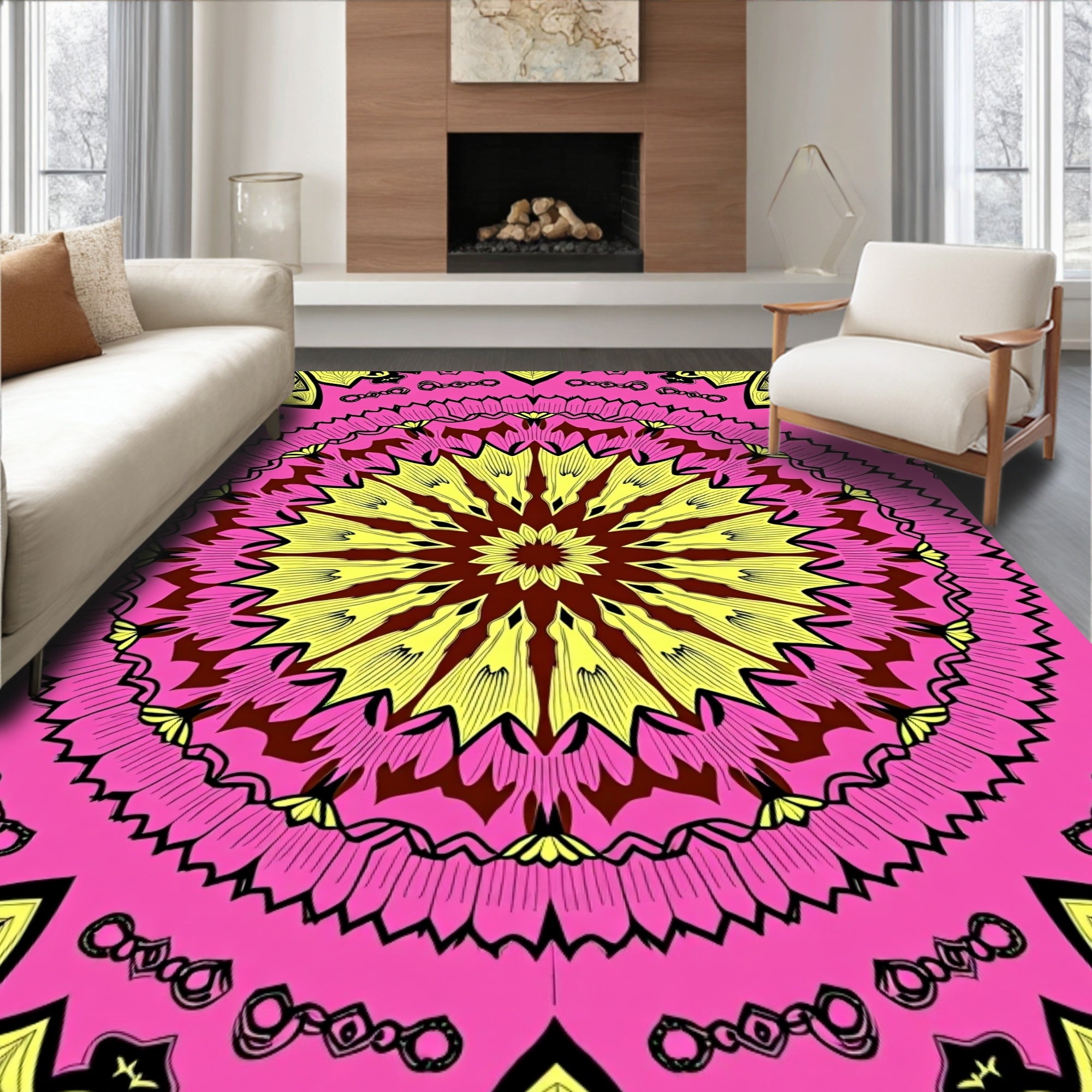 Vibrant Pink Yellow Mandala Pattern Rug