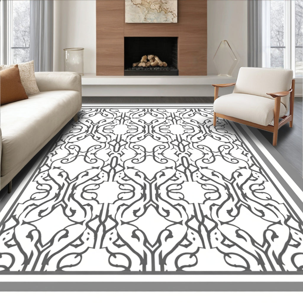 Ornate Scrollwork Black White Design Rug