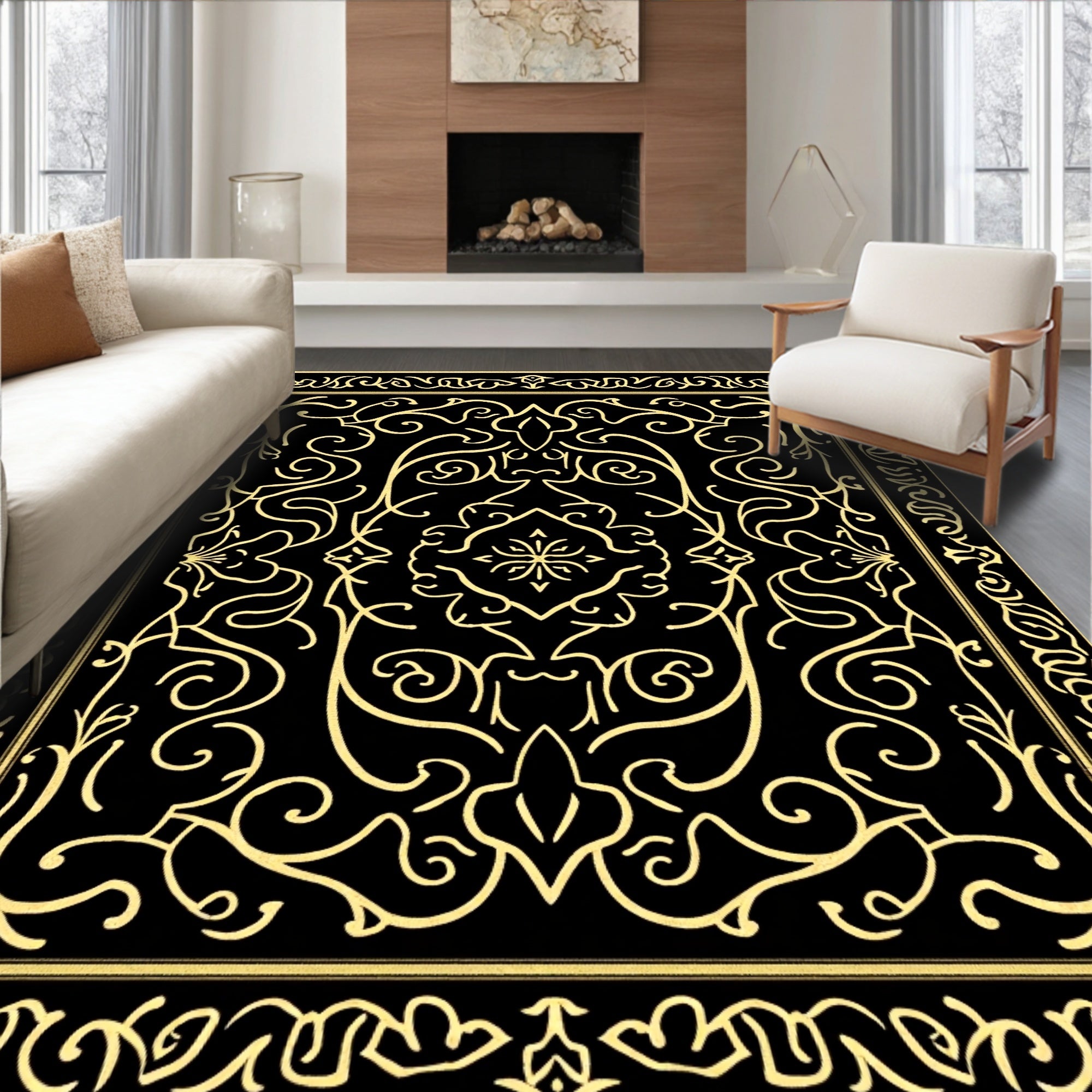 Black And Gold Filigree Pattern Rug