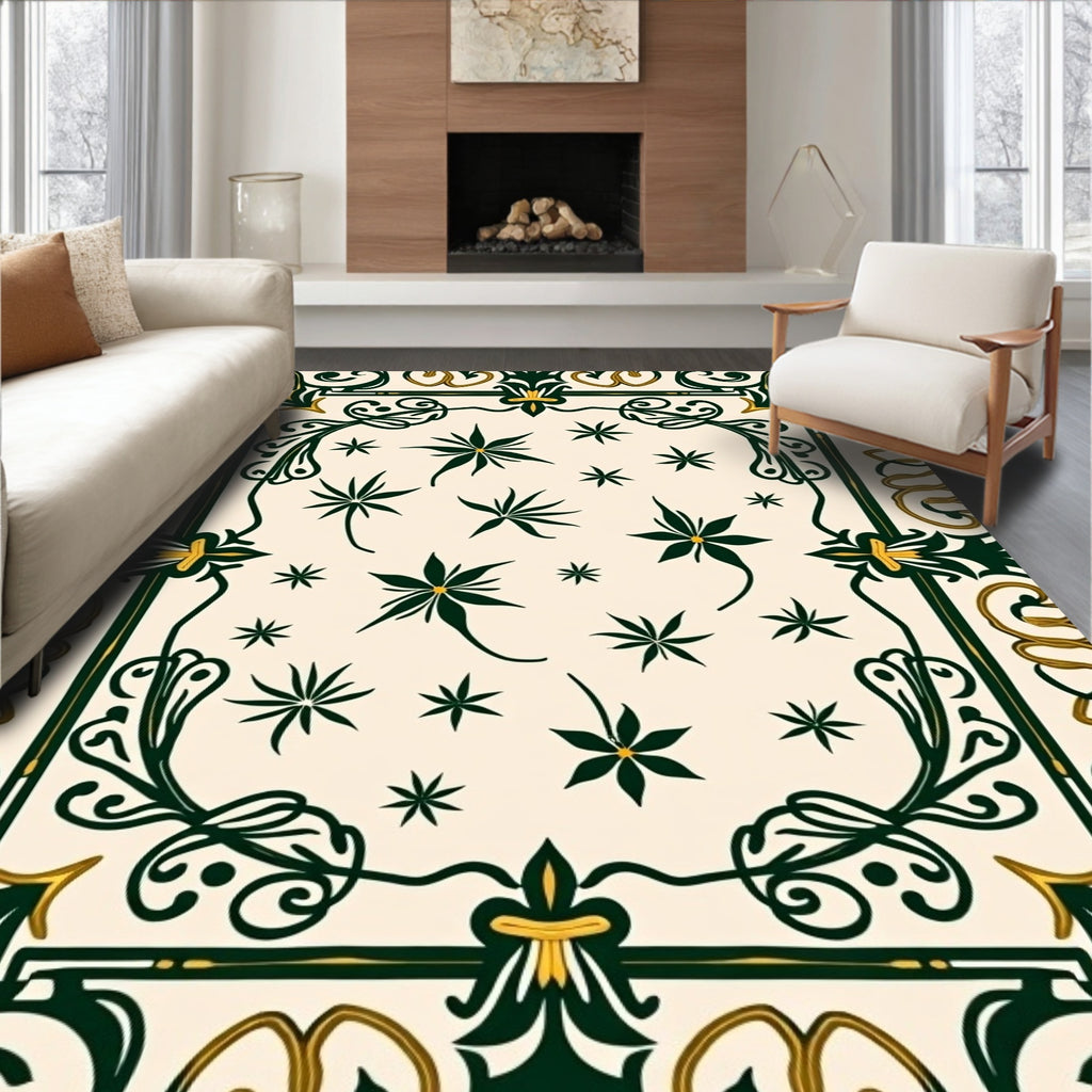 Elegant Emerald Floral Border Design Rug