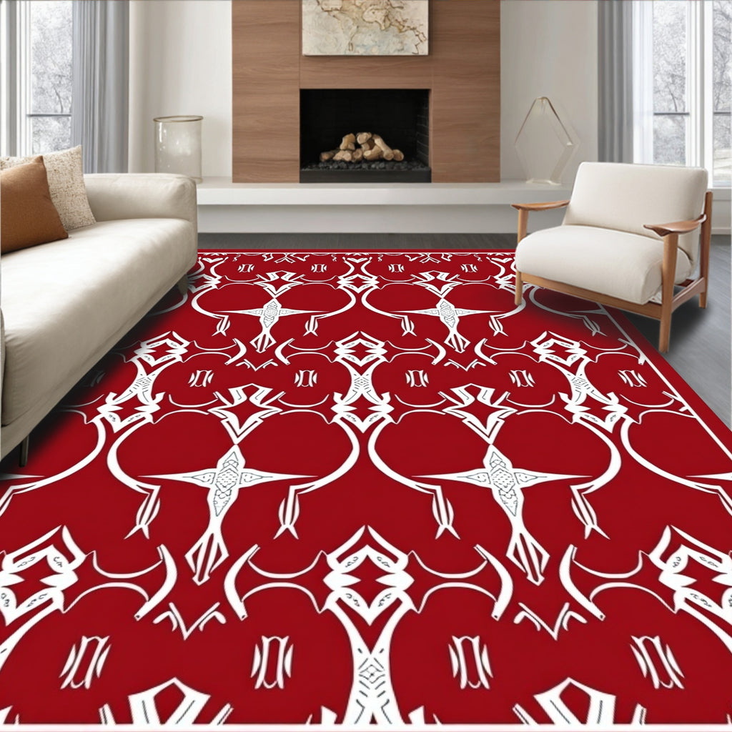 Classic Red White Geometric Scrollwork Pattern Rug