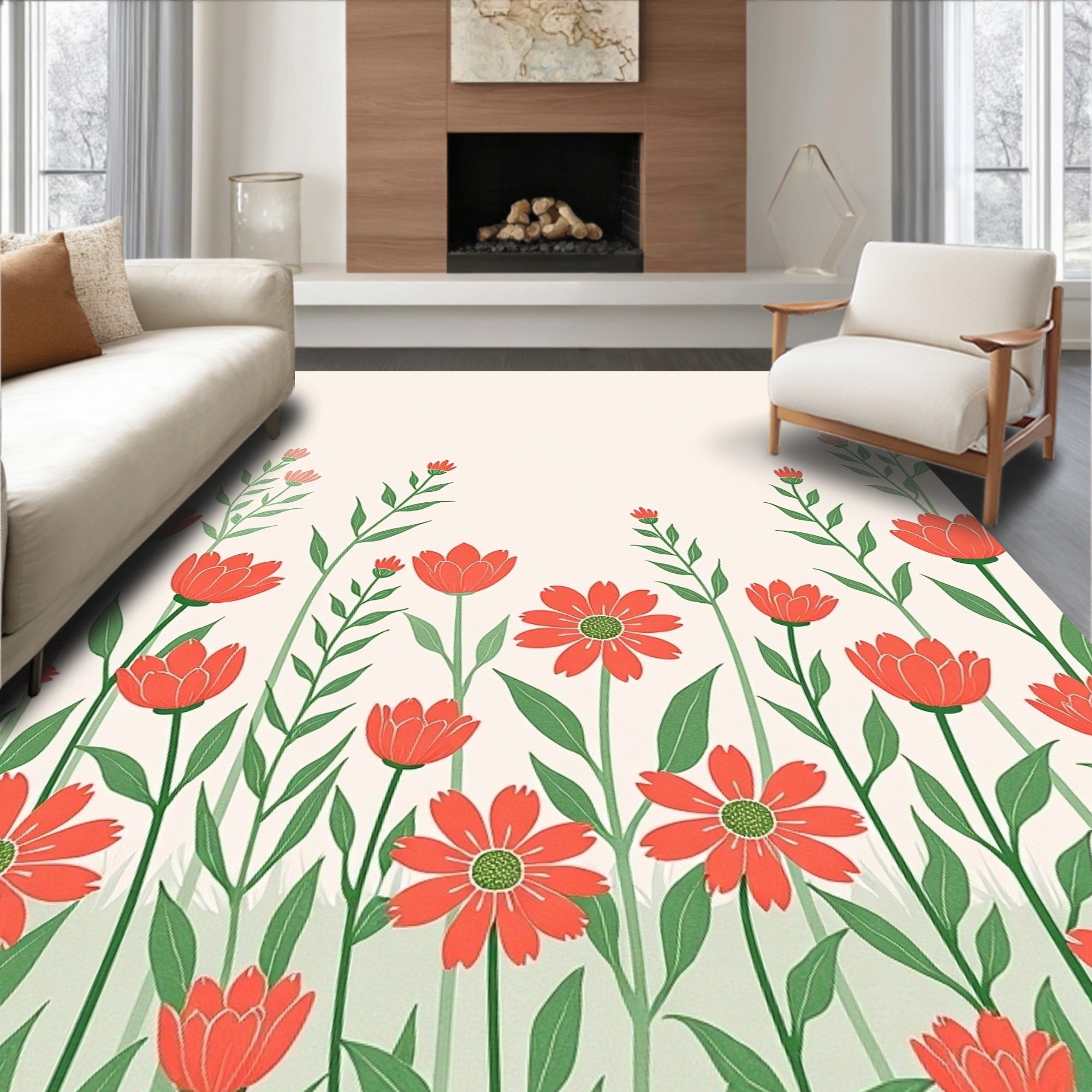 Coral Floral Field Pattern Rug