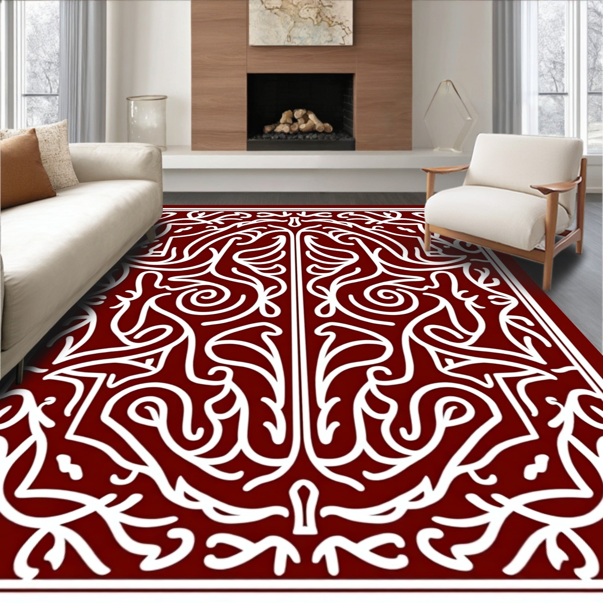 Ornate White Vine Pattern Rug