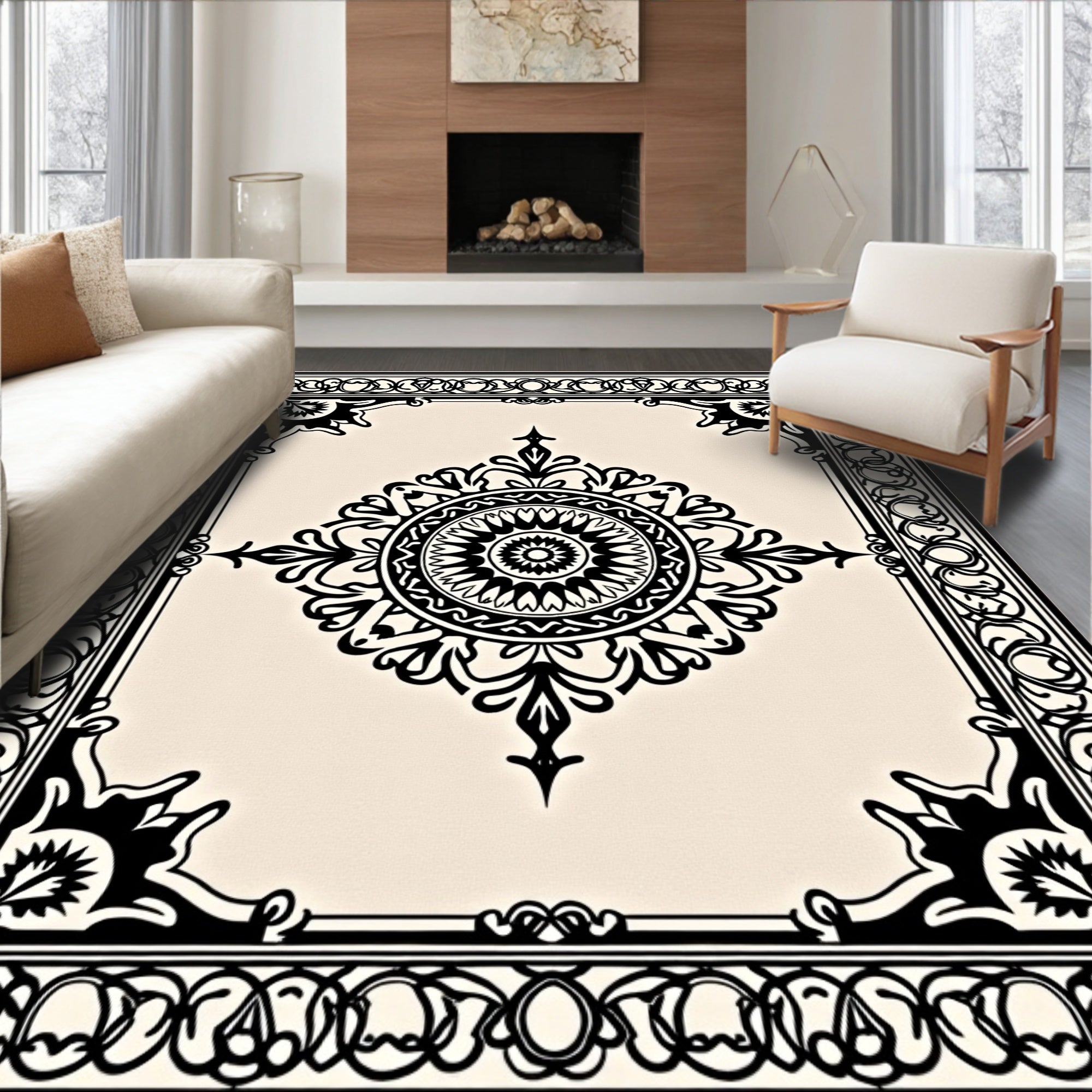 Classic Black Cream Ornate Medallion Rug