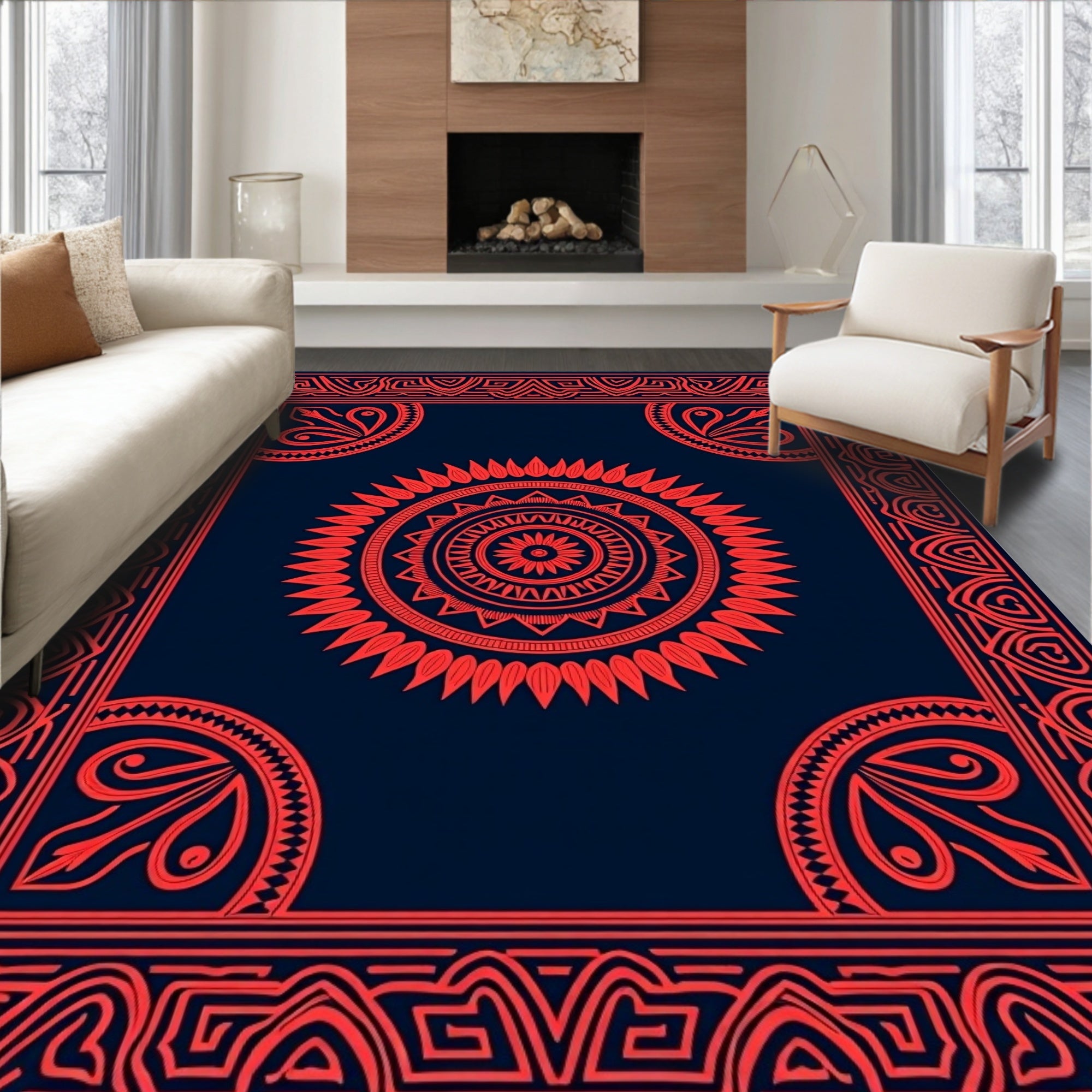 Red Mandala Geometric Frame Rug