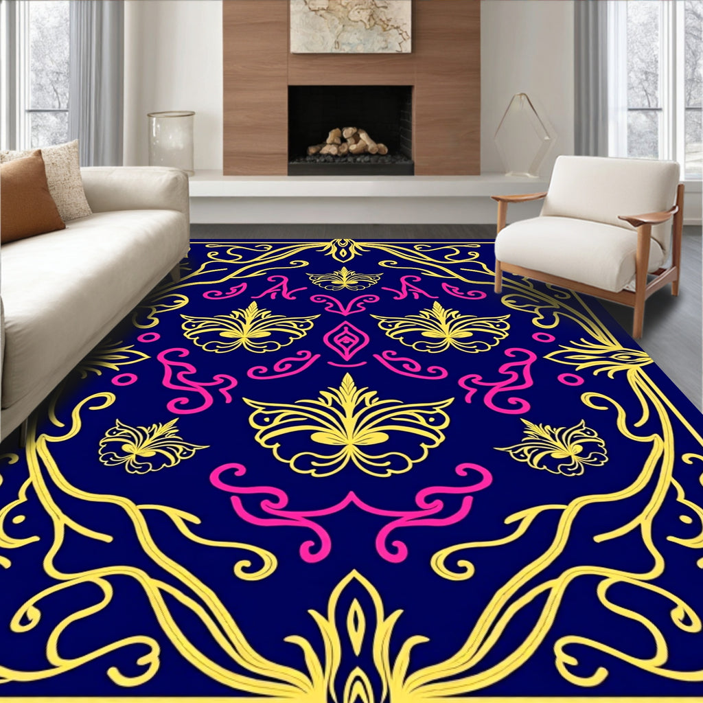 Ornate Floral Pattern with Gold and Pink on Navy Rug