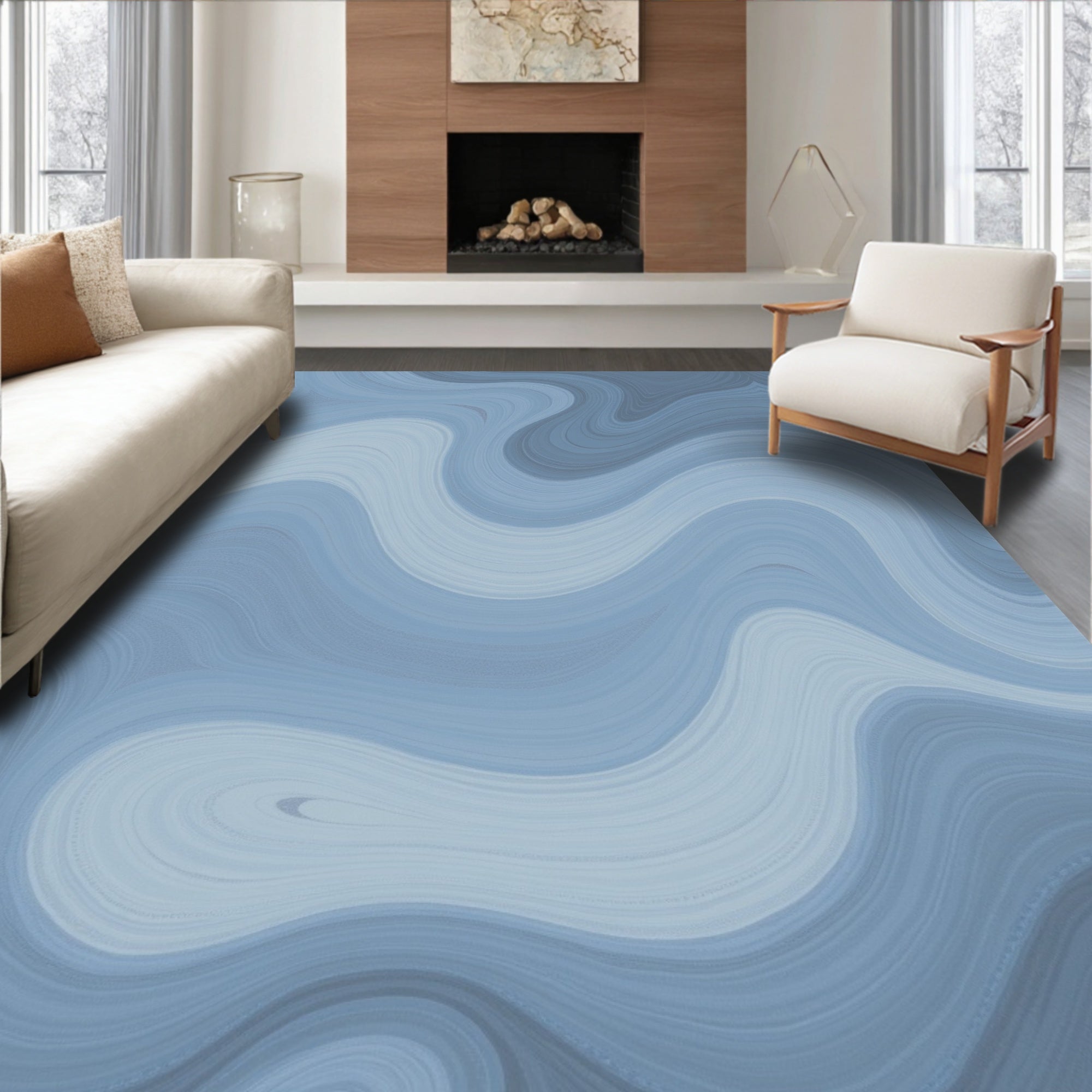 Abstract Swirling Blue Waves Rug