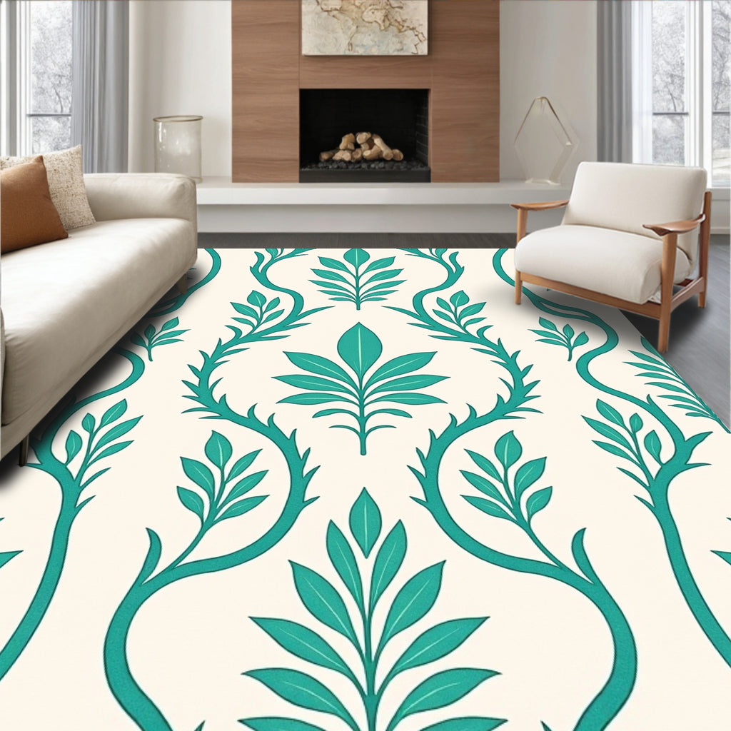 Teal Vine Leaf Damask Pattern Rug